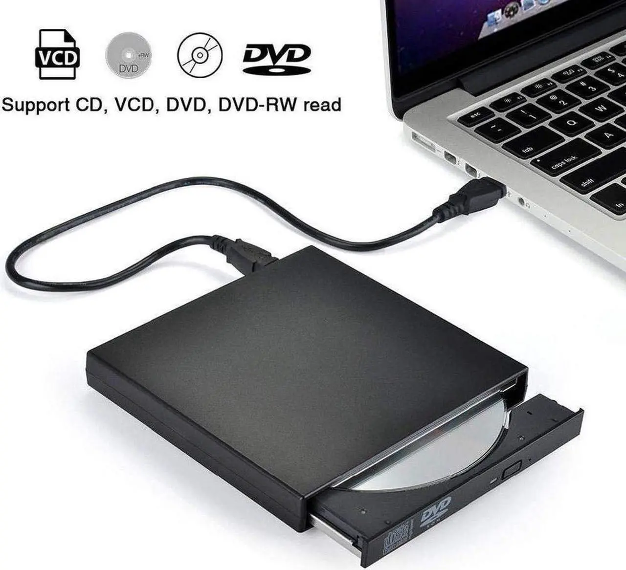 Main image of External CD DVD Drive, USB 2.0 Portable CD/DVD /-RW Drive/DVD Optical Drive CD Player for Laptop Slim CD ROM Rewriter Burner Compatible with Mac Laptop Desktop PC Windows Linux OS(Black)