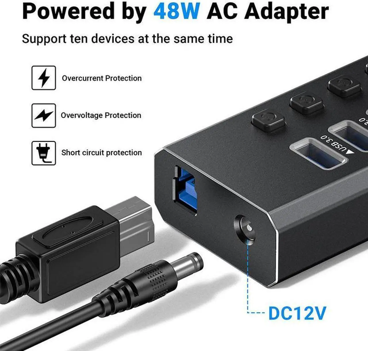 Alt view image 5 of 7 - Powered USB Hub 3.0, 7-Port USB Data Hub Splitter (7 Data Transfer Ports+ 4 Smart Charging), Individual On/Off Switches and 12V Power Adapter USB Extension for MacBook, Mac Pro/Mini and More