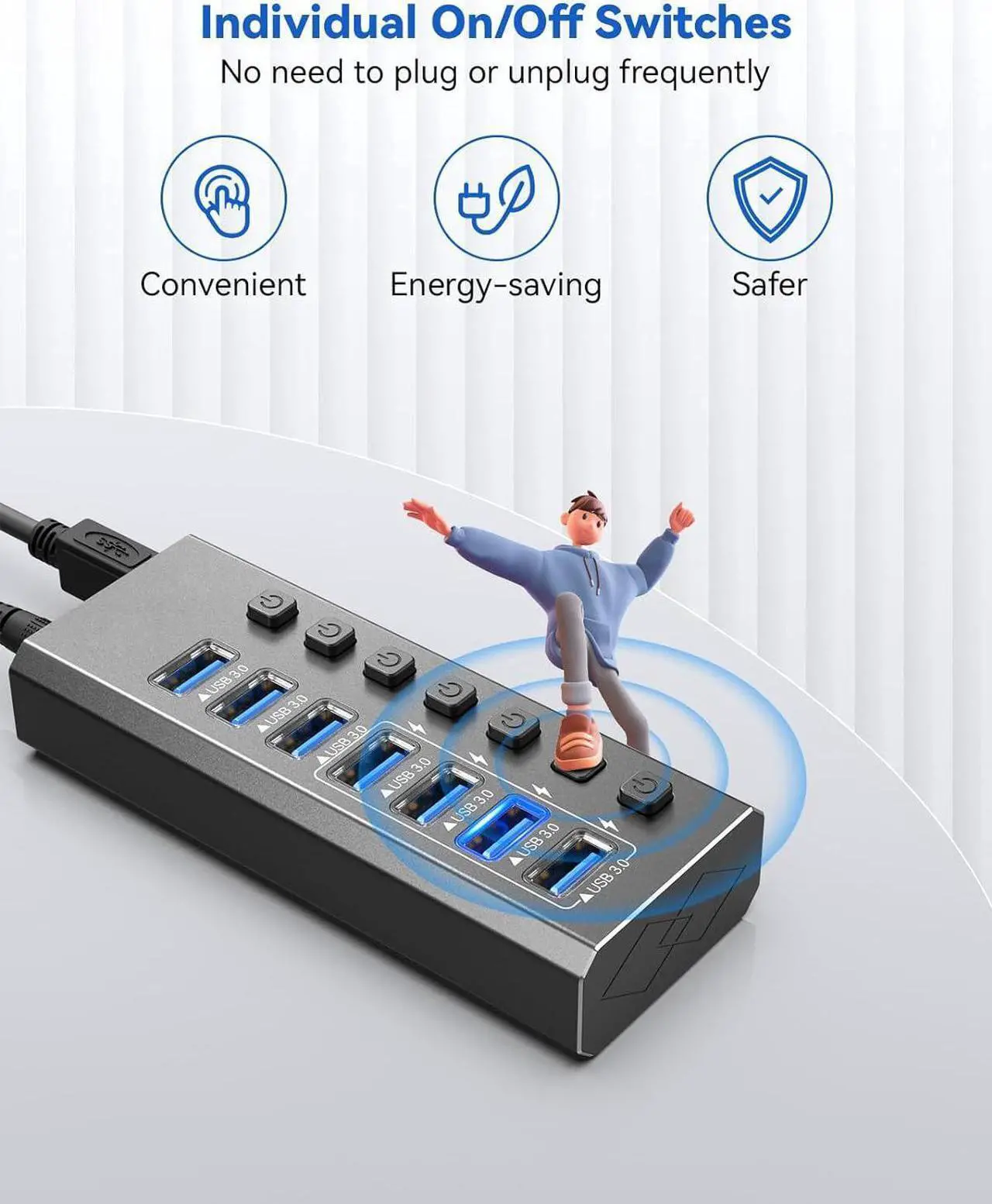 Alt view image 6 of 7 - Powered USB Hub 3.0, 7-Port USB Data Hub Splitter (7 Data Transfer Ports+ 4 Smart Charging), Individual On/Off Switches and 12V Power Adapter USB Extension for MacBook, Mac Pro/Mini and More