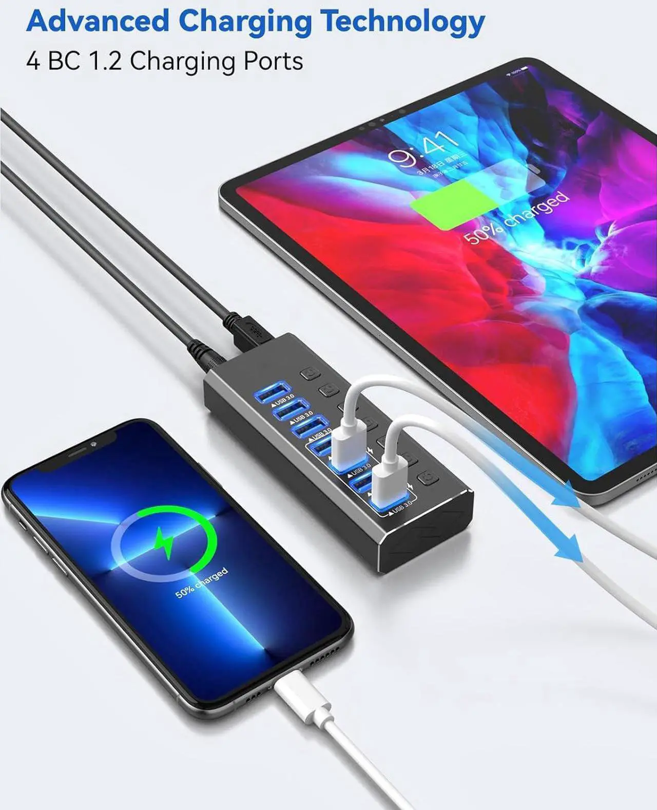 Alt view image 4 of 7 - Powered USB Hub 3.0, 7-Port USB Data Hub Splitter (7 Data Transfer Ports+ 4 Smart Charging), Individual On/Off Switches and 12V Power Adapter USB Extension for MacBook, Mac Pro/Mini and More