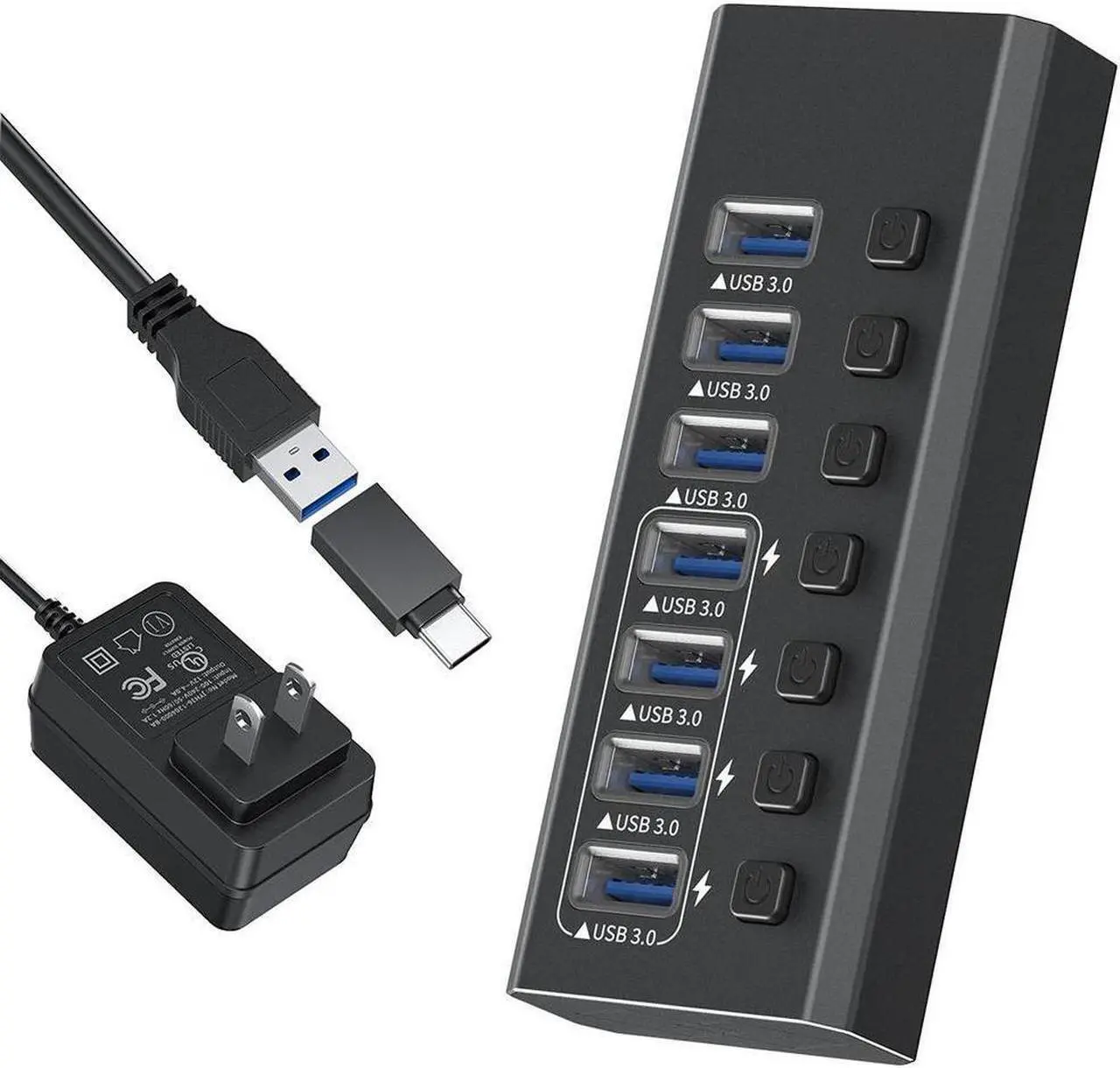 Main image of Powered USB Hub 3.0, 7-Port USB Data Hub Splitter (7 Data Transfer Ports+ 4 Smart Charging), Individual On/Off Switches and 12V Power Adapter USB Extension for MacBook, Mac Pro/Mini and More