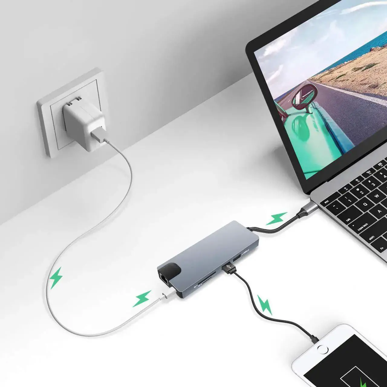 Alt view image 4 of 7 - 9-in-1 USB C Hub Adapter, Type-C Dongle with 4K HDMI, Gigabit Ethernet, 1080P VGA, 60W Power Delivery, 2 USB 3.0, SD/TF Card Reader, Audio/Mic for MacBook Pro/Air, iPad Pro, Chromebook & More
