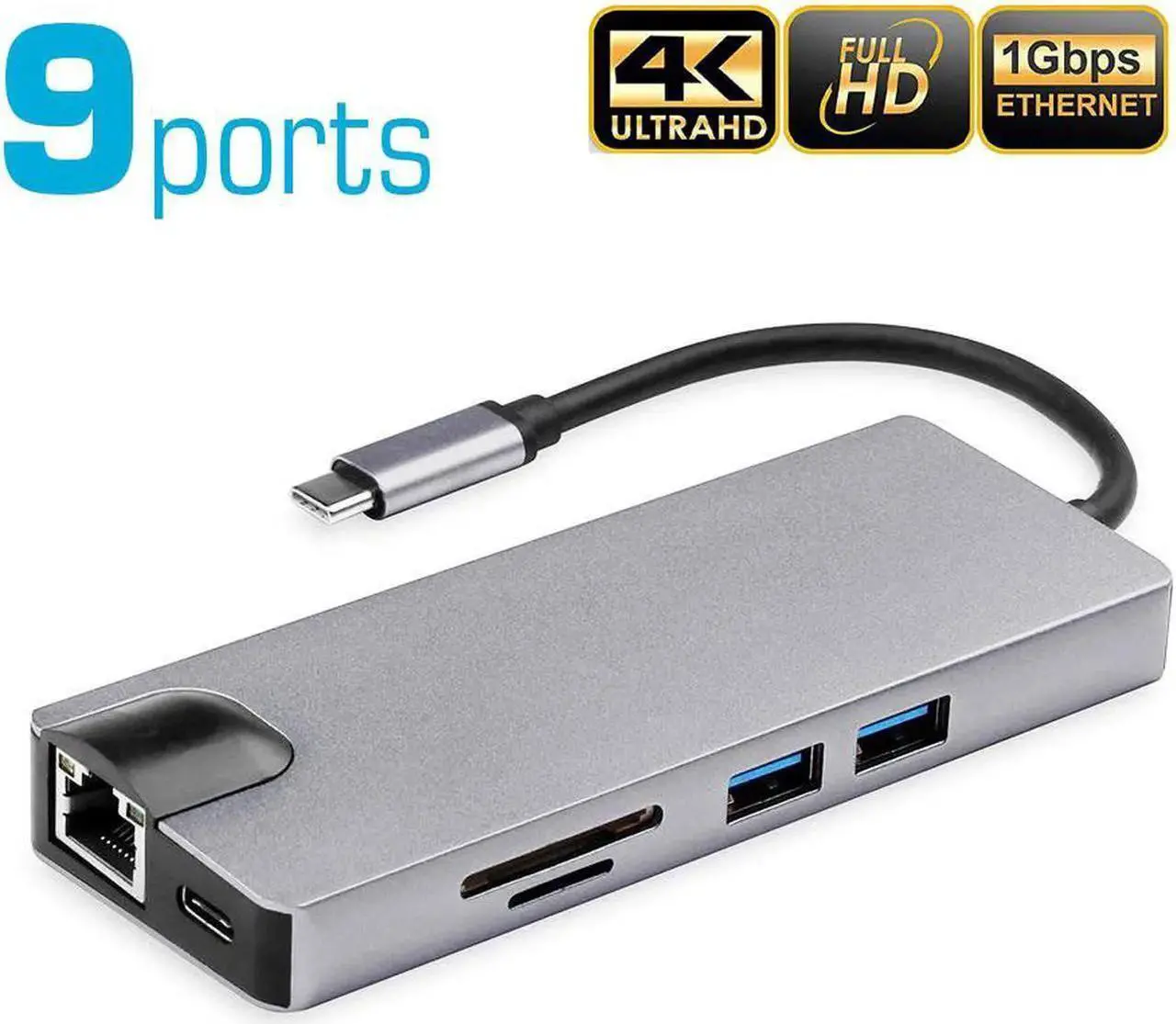 Main image of 9-in-1 USB C Hub Adapter, Type-C Dongle with 4K HDMI, Gigabit Ethernet, 1080P VGA, 60W Power Delivery, 2 USB 3.0, SD/TF Card Reader, Audio/Mic for MacBook Pro/Air, iPad Pro, Chromebook & More