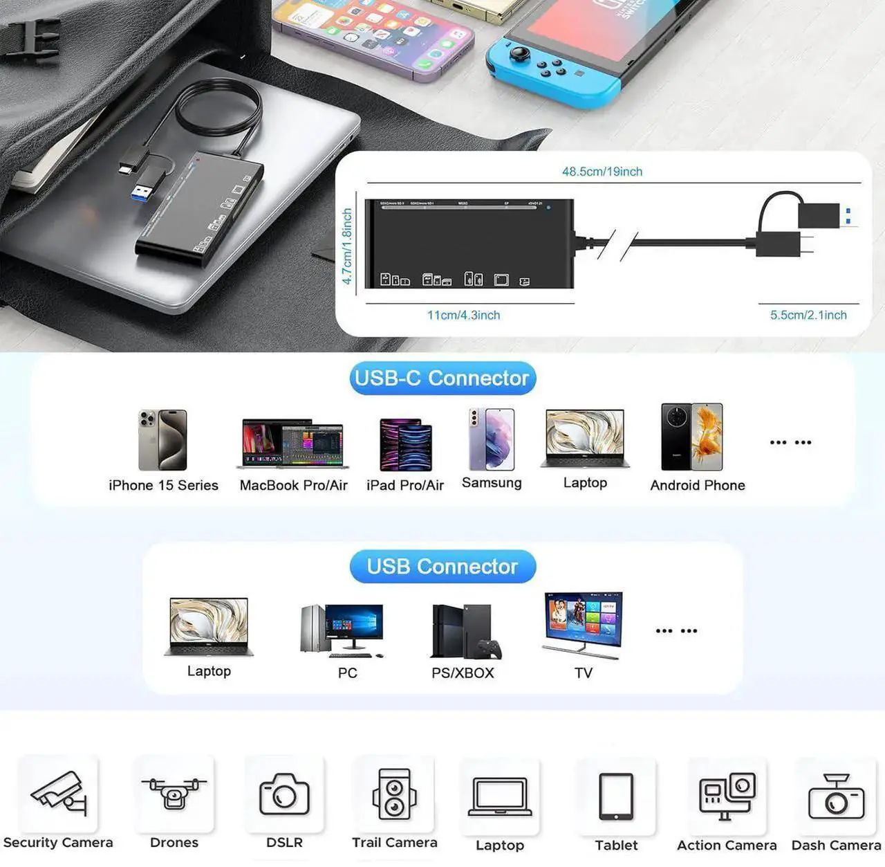 Alt view image 5 of 7 - USB3.0/USB C Micro SD Card Reader, 5Gbps 7-in-2 SD Card Reader to USB Adapter, Memory Card Reader for SD SDXC SDHC CF CFI TF Micro SD Micro SDXC Micro SDHC MS MMC UHS-I Cards
