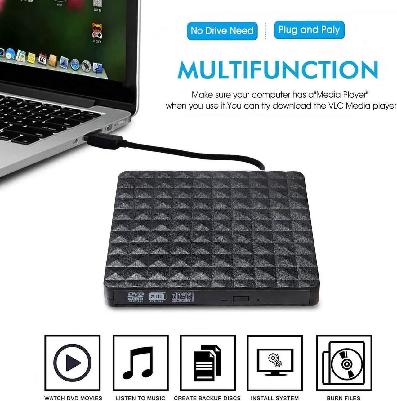 Alt view image 7 of 7 - [Updated Version] Diamond External CD DVD Drive USB 3.0 Portable CD DVD +/-RW Drive Slim DVD/CD Rom Rewriter Burner Writer, High Speed Data Transfer for Laptop/Macbook/Desktop /MacOS/Windows10/8/7/XP