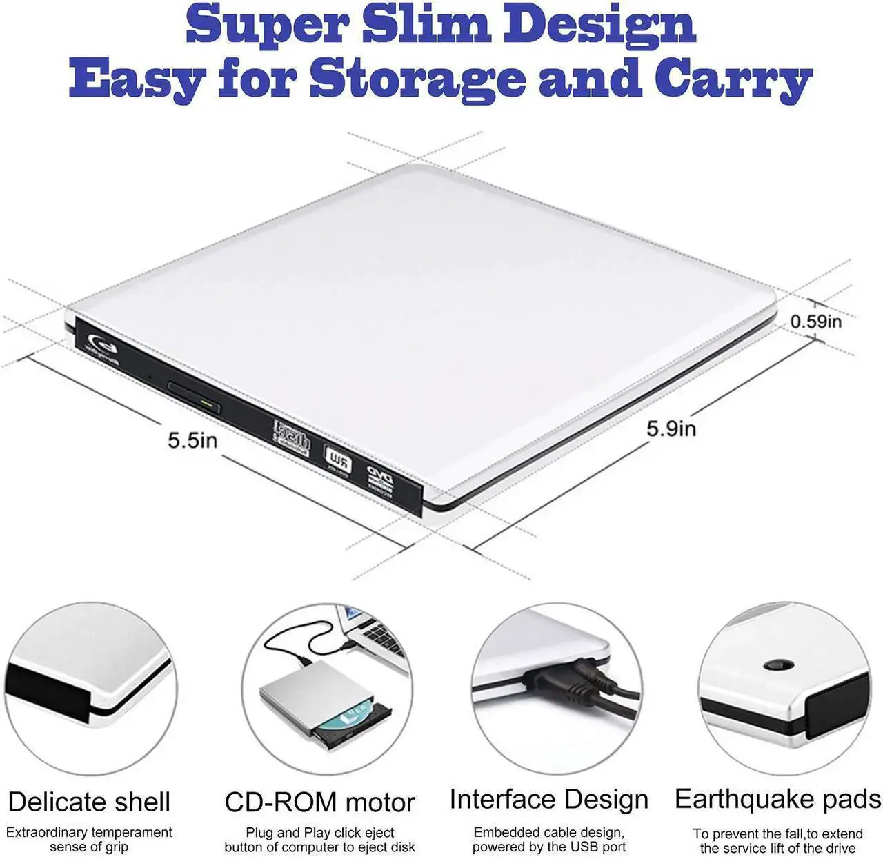 Alt view image 6 of 7 - Aluminum External Blu-Ray DVD Drive for Laptop, USB 3.0 Portable Optical Slim CD/DVD/Blu-Ray Burner Player RW Drive For Desktop PC Windows XP/ 2003/ Vista/ 7/8, Linux, Mac os System ,Silver