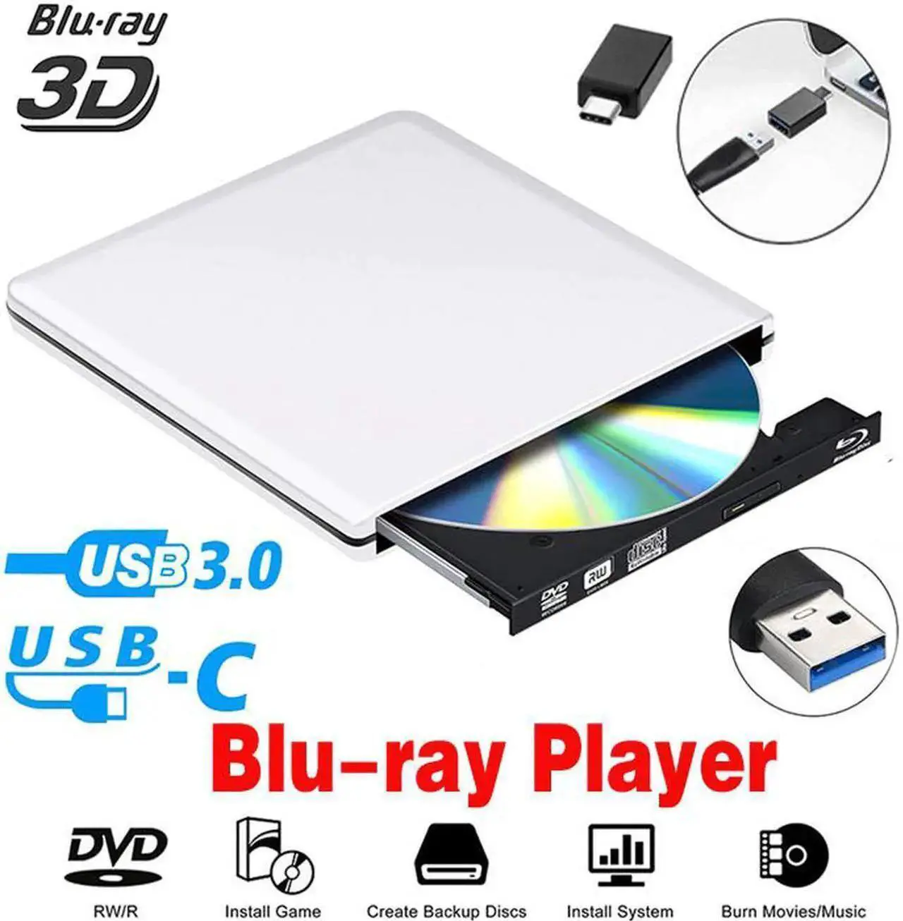 Main image of Aluminum External Blu-Ray DVD Drive for Laptop, USB 3.0 Portable Optical Slim CD/DVD Burner Blu-Ray Player RW Drive For Desktop PC Windows XP/ 2003/ Vista/ 7/8, Linux, Mac os System, Silver