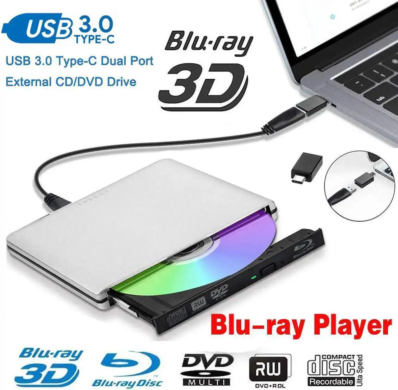 Main image of Aluminum DVD Drive External Blu-Ray/CD/DVD Player Drive for Laptop Burner USB 3.0 Portable Slim with Type c Connector,for iMac Notebook Laptop Desktop Support Mac os Win 7 Win8 Win10, Silver