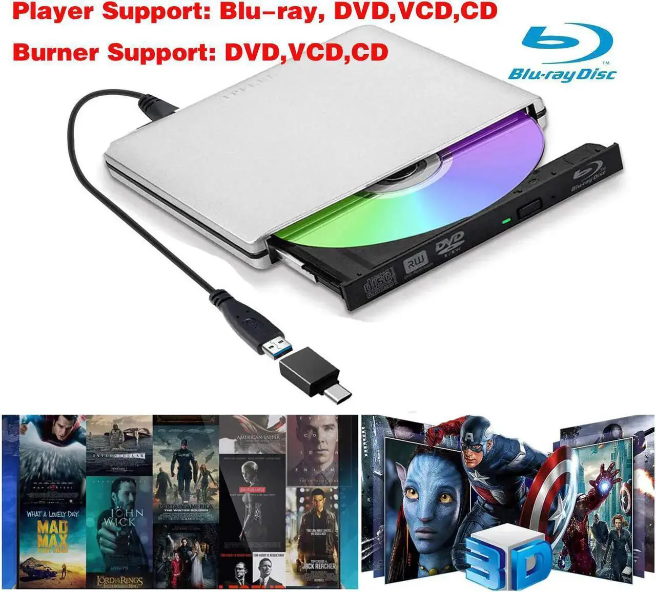 Alt view image 7 of 7 - Aluminum DVD Drive External Blu-Ray/CD/DVD Player Drive for Laptop Burner USB 3.0 Portable Slim with Type c Connector,for iMac Notebook Laptop Desktop Support Mac os Win 7 Win8 Win10, Silver