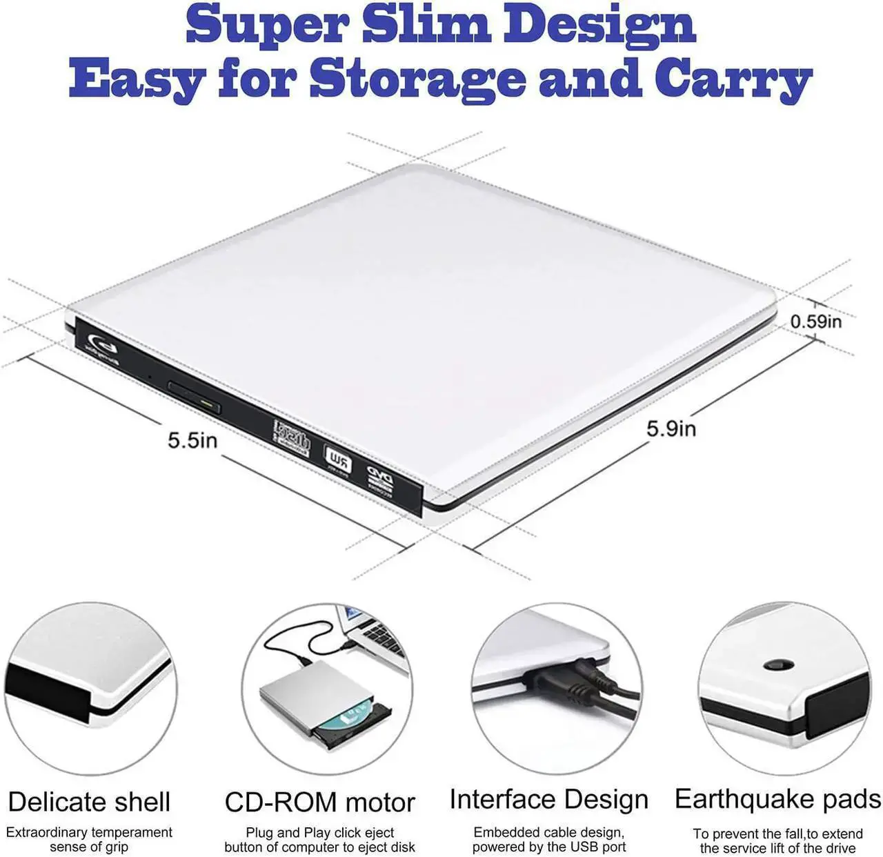 Alt view image 2 of 7 - Aluminum DVD Drive External Blu-Ray/CD/DVD Player Drive for Laptop Burner USB 3.0 Portable Slim with Type c Connector,for iMac Notebook Laptop Desktop Support Mac os Win 7 Win8 Win10, Silver