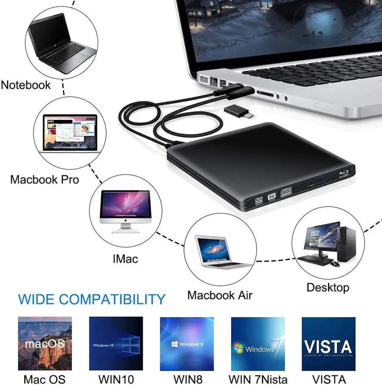 Alt view image 6 of 7 - Aluminum Blu Ray Player Drive, External USB 3.0 Portable CD/DVD+/-RW Drive/DVD Blu Ray Player for Laptop CD ROM Burner for Laptop Desktop PC Windows Linux OS Apple Mac Black