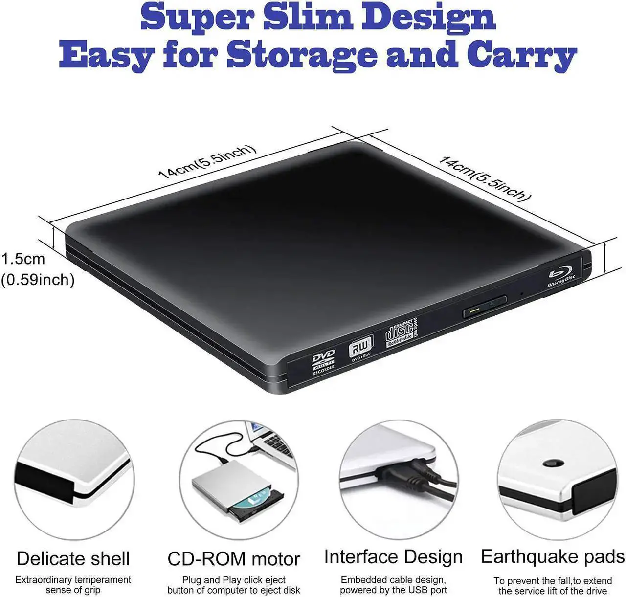 Alt view image 5 of 7 - Aluminum Blu Ray Player Drive, External USB 3.0 Portable CD/DVD+/-RW Drive/DVD Blu Ray Player for Laptop CD ROM Burner for Laptop Desktop PC Windows Linux OS Apple Mac Black