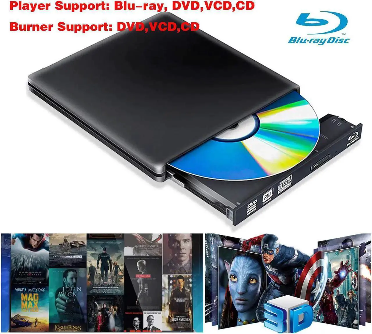 Alt view image 2 of 7 - Aluminum Blu Ray Player Drive, External USB 3.0 Portable CD/DVD+/-RW Drive/DVD Blu Ray Player for Laptop CD ROM Burner for Laptop Desktop PC Windows Linux OS Apple Mac Black