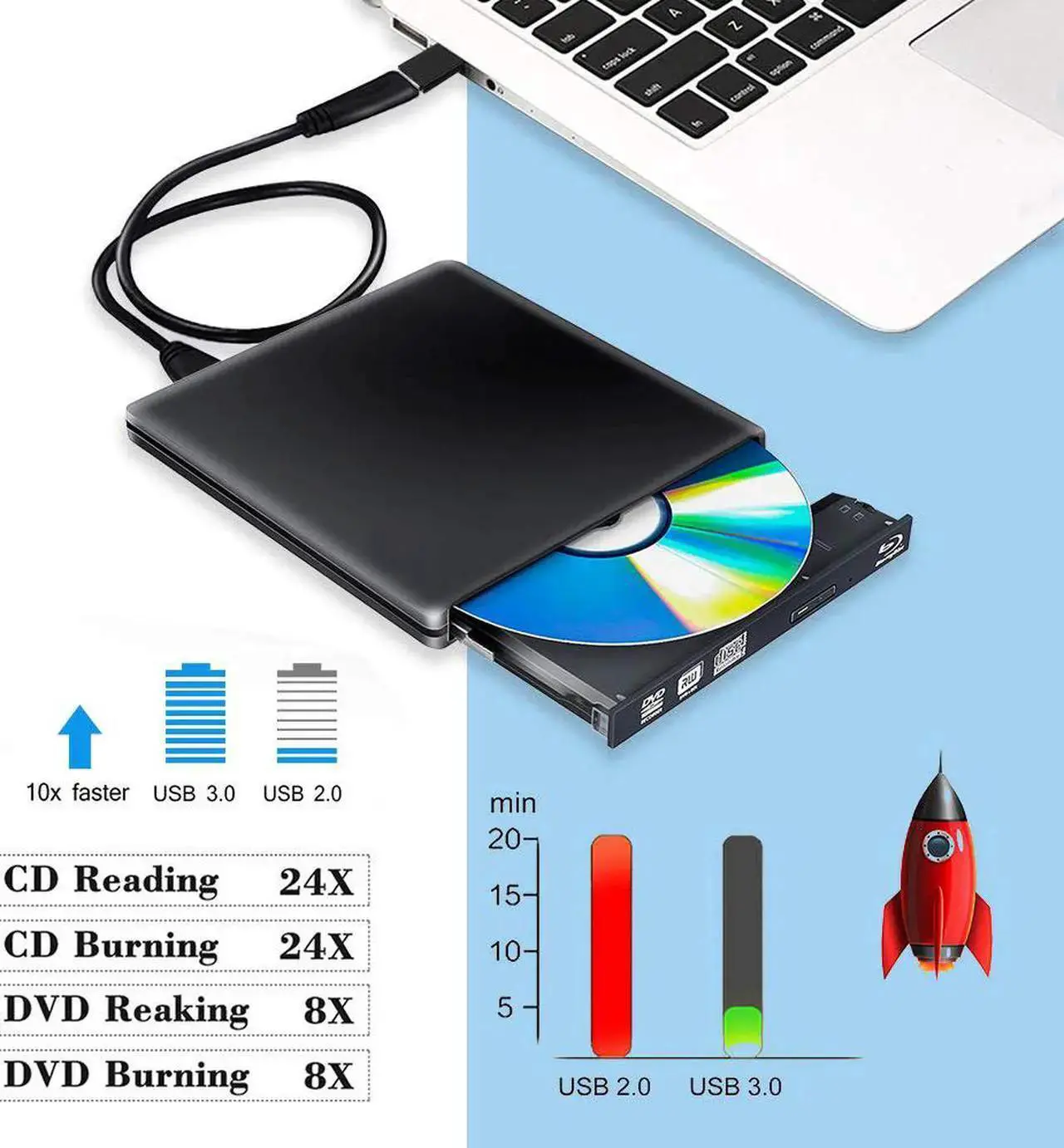 Alt view image 7 of 7 - Aluminum Blu Ray Player Drive, External USB 3.0 Portable CD/DVD+/-RW Drive/DVD Blu Ray Player for Laptop CD ROM Burner for Laptop Desktop PC Windows Linux OS Apple Mac Black