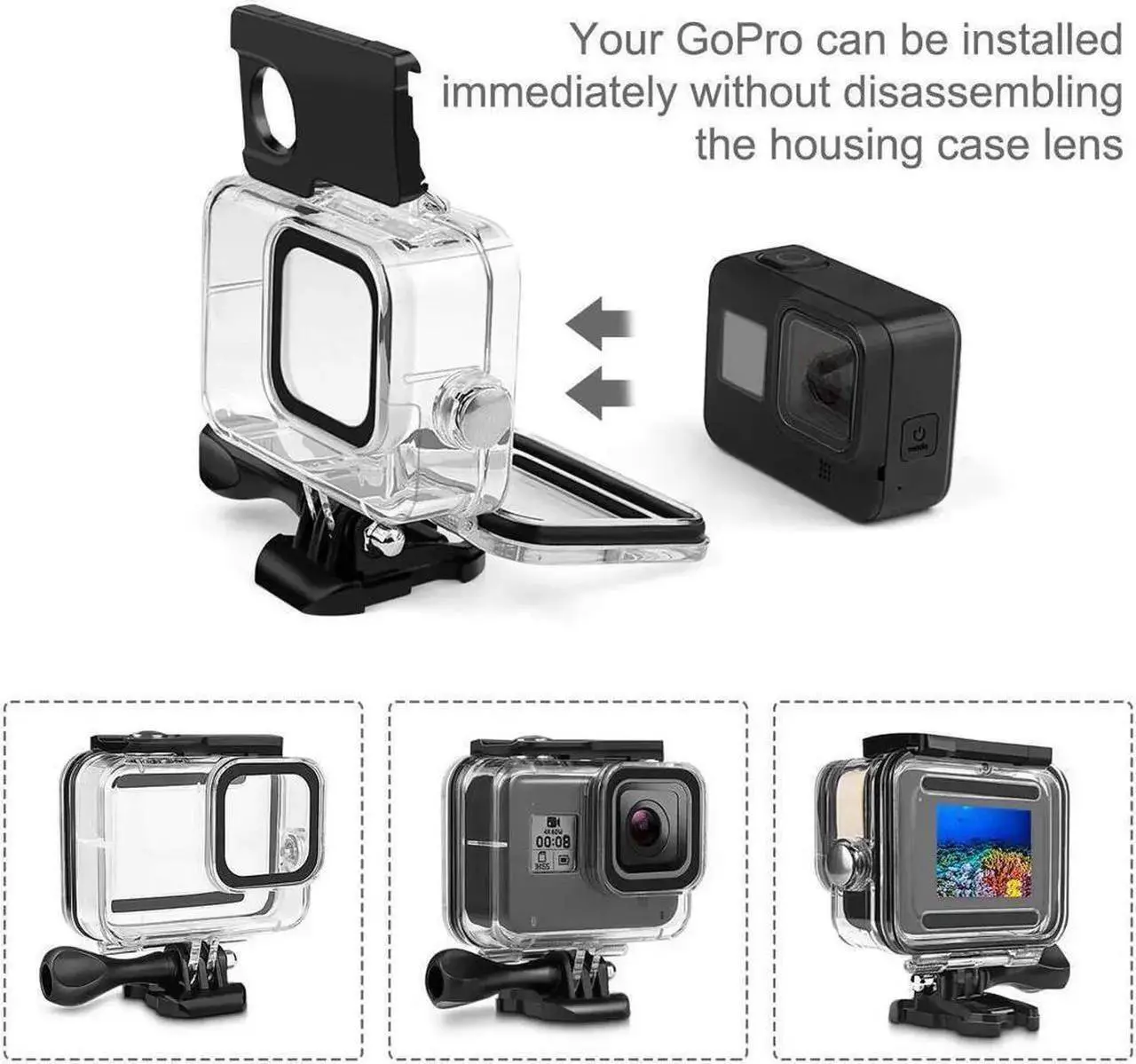Alt view image 2 of 7 - Waterproof Housing Case for Go Pro Hero 8 Black, Protective 60m Underwater Dive Case Shell with 3 Pack Filters and 12 PCS Anti-Fog Insert Kits