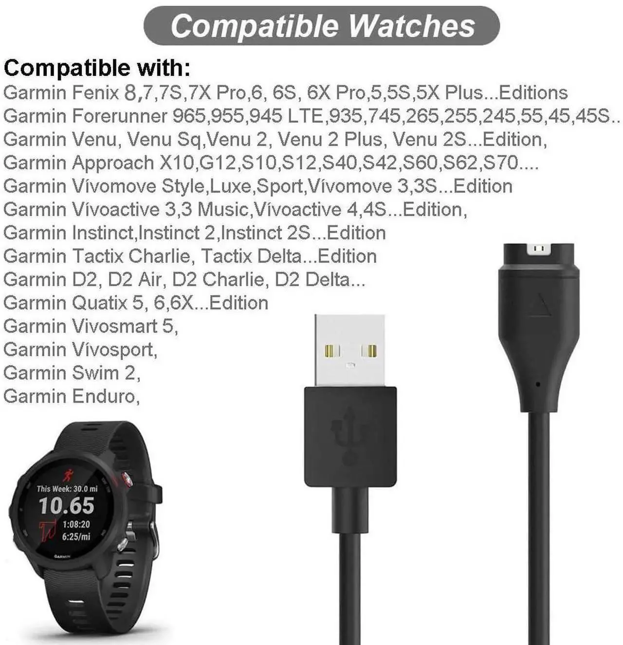 Alt view image 4 of 6 - Charger for Garmin Forerunner 45 55 245 255 265 745 945 955 965, Approach S10 S12 S40 S42 S60 S70, Vivoactive 3 4 4S, Instinct Venu 2 2S Plus Fenix 8 7 7S 7X 6 5 Charging Cable [2Pack, 3.3ft]