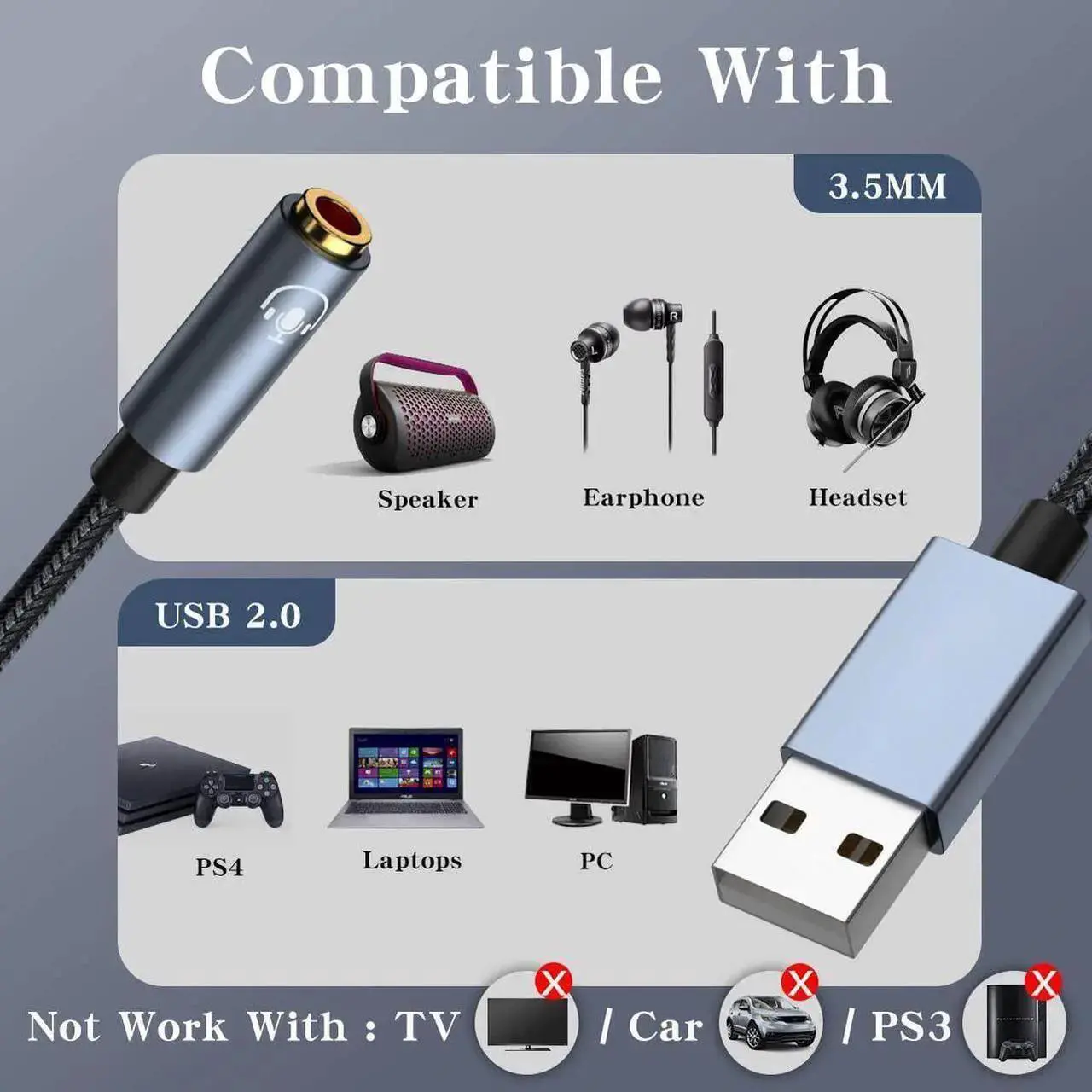 Alt view image 2 of 7 - USB to 3.5mm Jack Audio Adapter, 2 in1 External USB Sound Card, 3.5mm Aux to USB to Audio Jack Sound Adapter Support CTIA OMTP Headphone TRRS Jack for PC Windows 10 PS4 Laptop Mac, 24Bit 96Khz