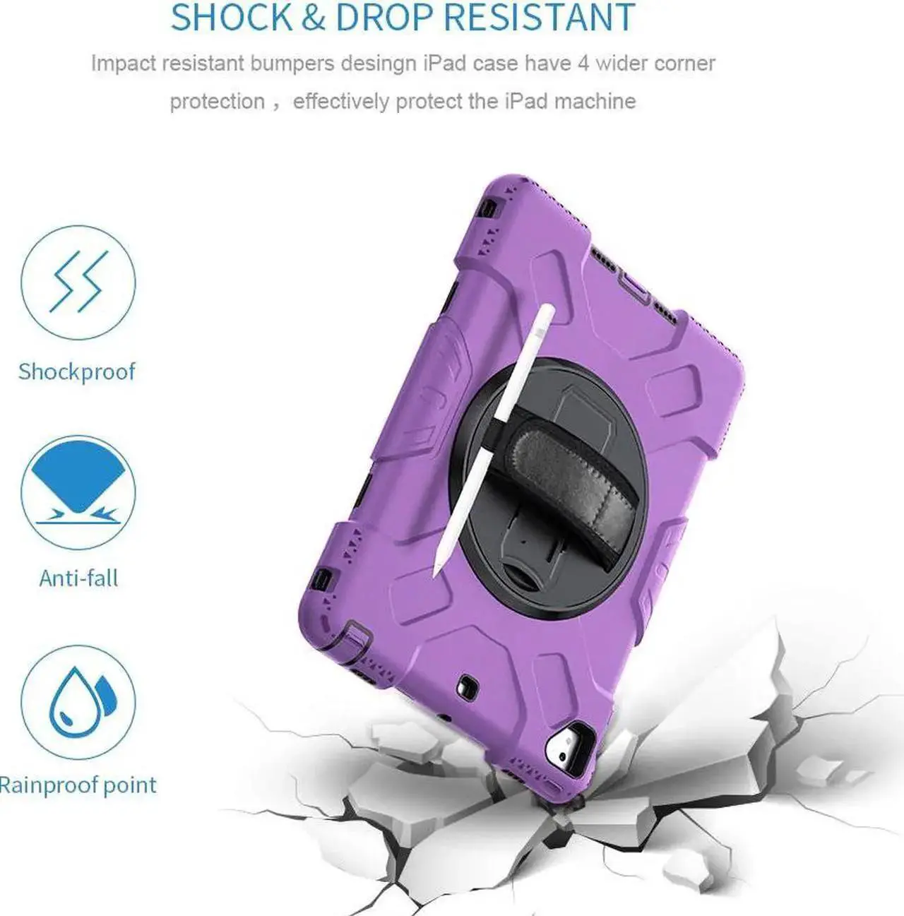 Alt view image 2 of 7 - Case for iPad 6th 5th Generation 9.7 inch 2018 2017 / iPad Pro 9.7 / iPad Air 2 Protective Cover with 360° Rotating Stand, Hand/Shoulder Strap, Pencil Holder Purple