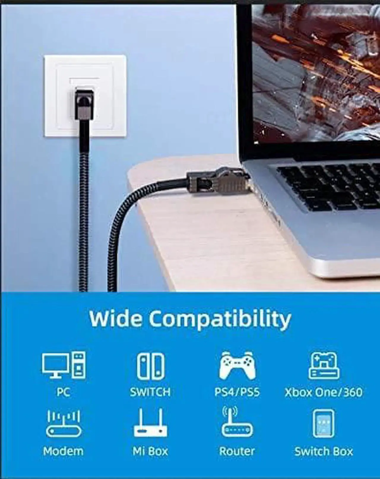 Alt view image 5 of 7 - CAT8 Ethernet Cable, Hagibis 360° Rotation Cat 8 LAN Network Cable with Zinc Alloy RJ45 Connector, Braided 24AWG 40Gbps 2000Mhz Patch Cord High Speed for Gaming, PS4, Xbox, Modem, Router, PC, Laptop