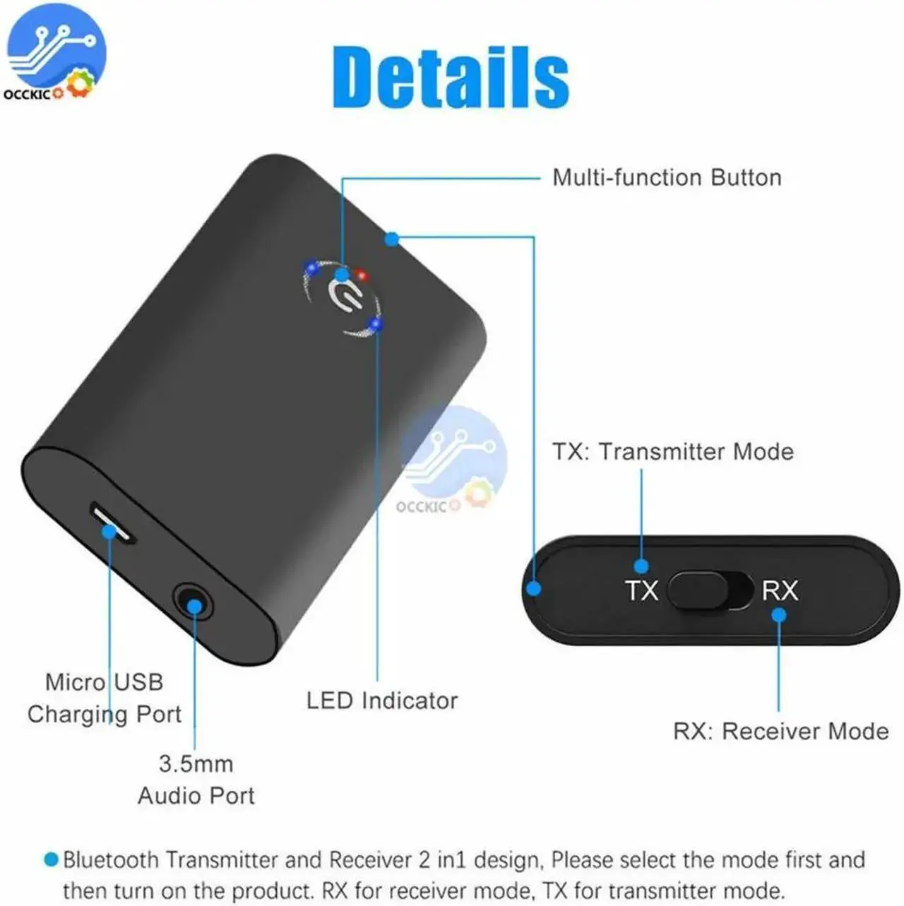 Alt view image 4 of 5 - 5.0 Transmitter Receiver Wireless Audio Adapter 2 in 1 A2DP 3.5mm Jack Aux Adapter For PC TV Headphone Car