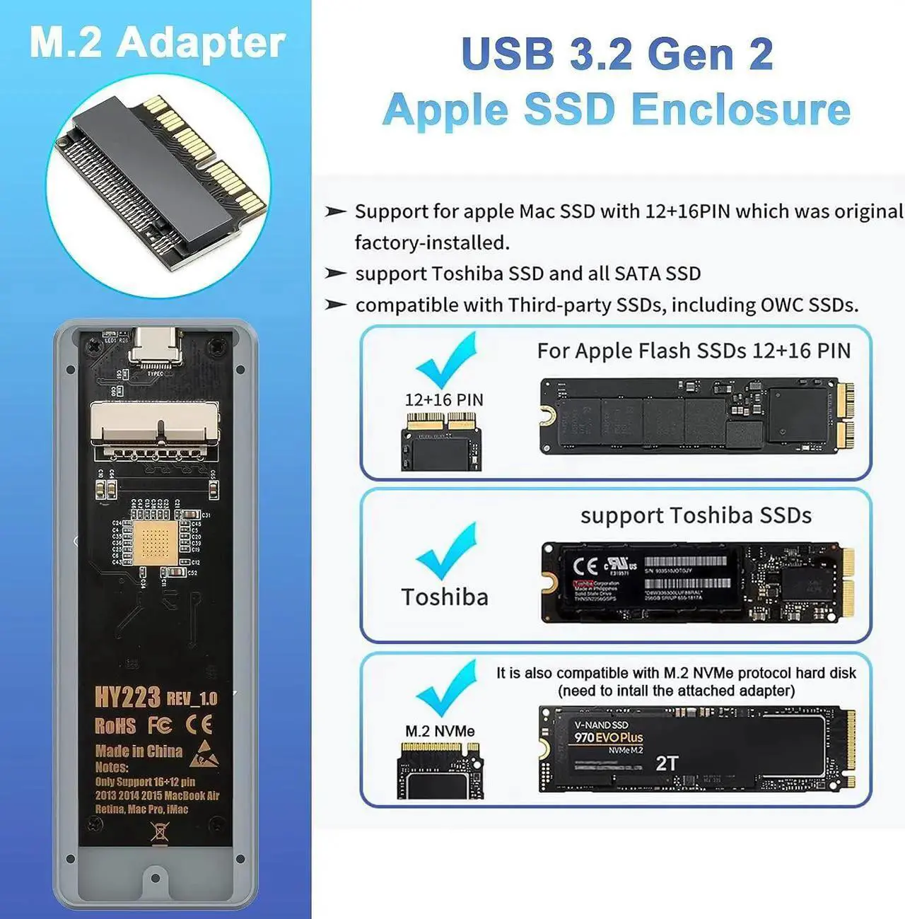 Alt view image 7 of 7 - USB C 3.2 MacBook SSD Enclosure for 12+16 PIN MacBook Air/Pro SSD, Aluminum M.2 NVMe MacBook Pro SSD Enclosure Adapter Support MacBook Pro,MacBook Air, Mac Pro, iMac from 2013 to 2017