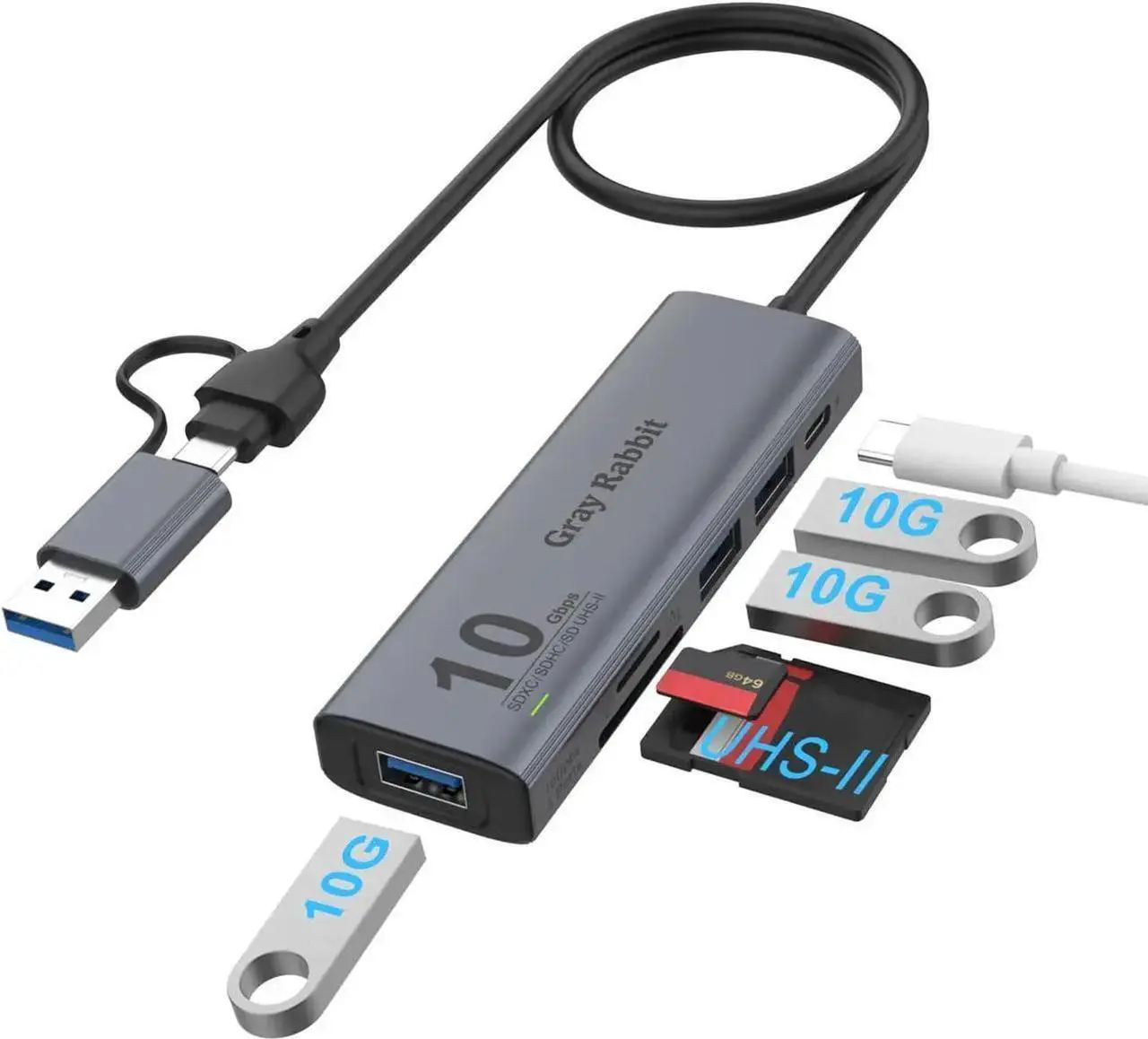 Main image of USB C USB HUB, USB 3.2 GEN 2 10G Speed, USB A/USB C to USB A Adapter.with 3 USB A Ports(10G) and UHS-II SD/TF Ports, USB C UHS-II SD Card Reader Compatible with SD/SDHC/SDXC/Micro SD