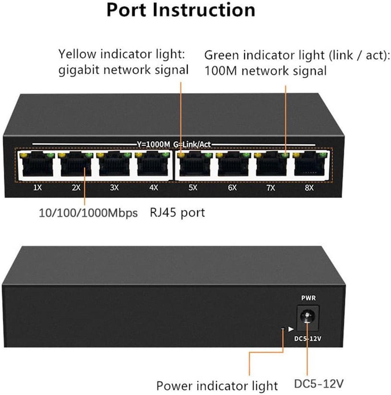 Alt view image 5 of 5 - Acaigel 8-Port Gigabit Ethernet Switch with full Sturdy Metal Shell for Desktop Internet Splitter Fanless Plug-and-Play