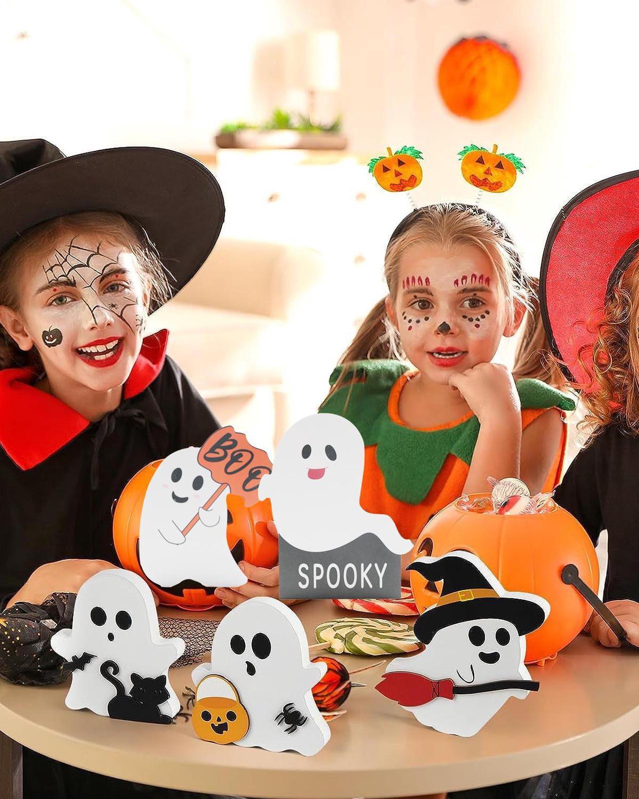 Alt view image 3 of 7 - Halloween Decorations Indoor 5 PCS Cute Ghost Decorations Indoor Tray Decor Table Sign Set Cat Bat Witch Broom Signs Pumpkin Blocks for Party Home Shelf Display