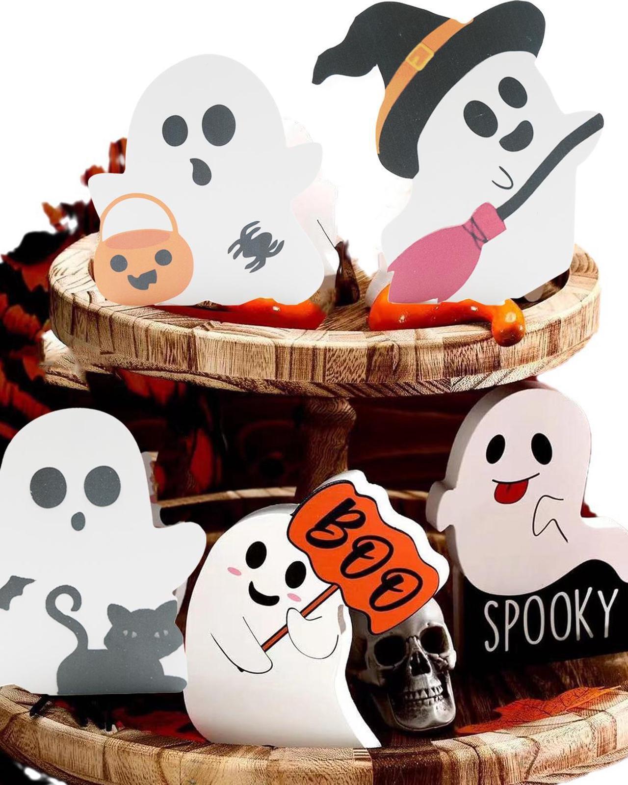 Alt view image 4 of 7 - Halloween Decorations Indoor 5 PCS Cute Ghost Decorations Indoor Tray Decor Table Sign Set Cat Bat Witch Broom Signs Pumpkin Blocks for Party Home Shelf Display
