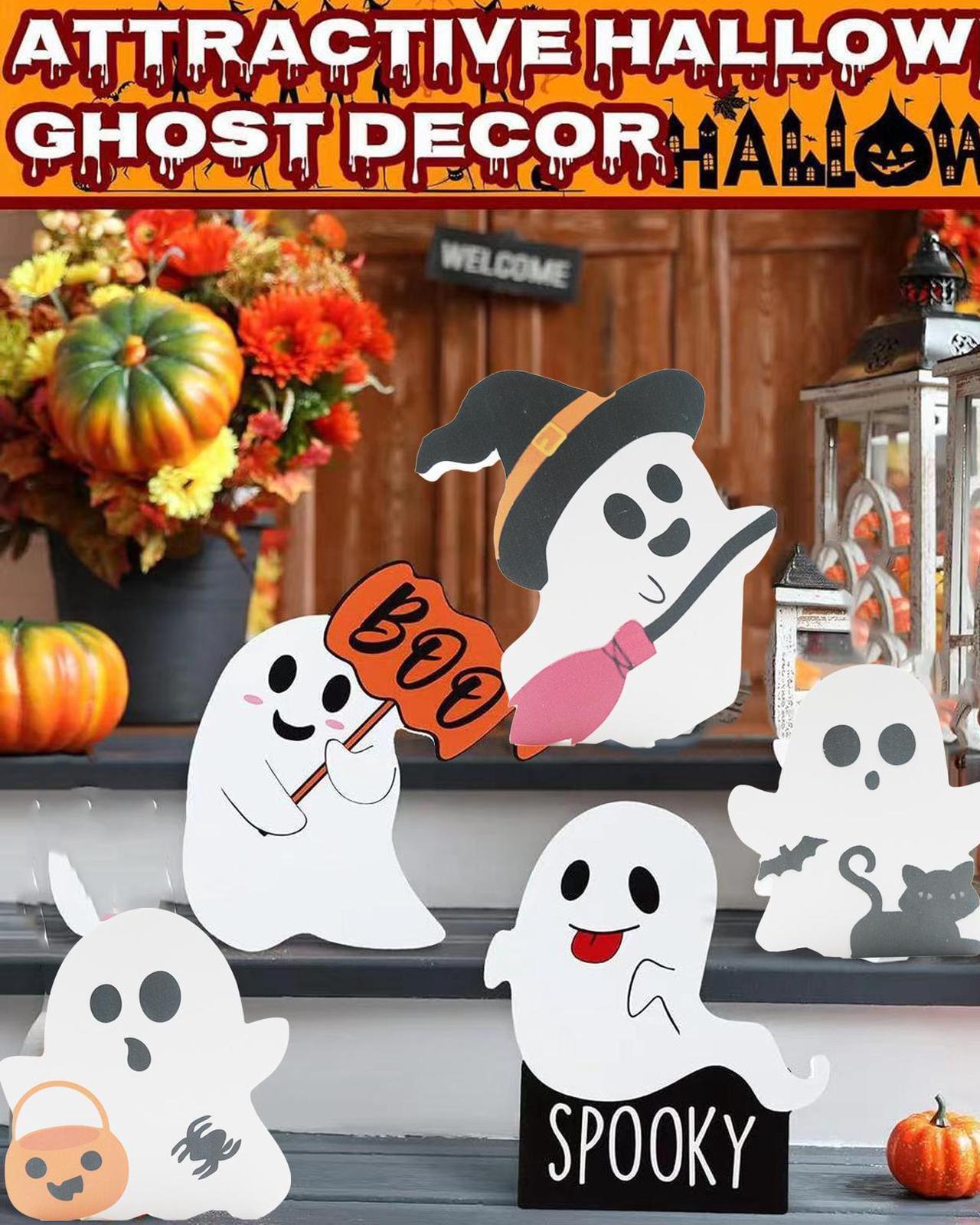 Alt view image 5 of 7 - Halloween Decorations Indoor 5 PCS Cute Ghost Decorations Indoor Tray Decor Table Sign Set Cat Bat Witch Broom Signs Pumpkin Blocks for Party Home Shelf Display