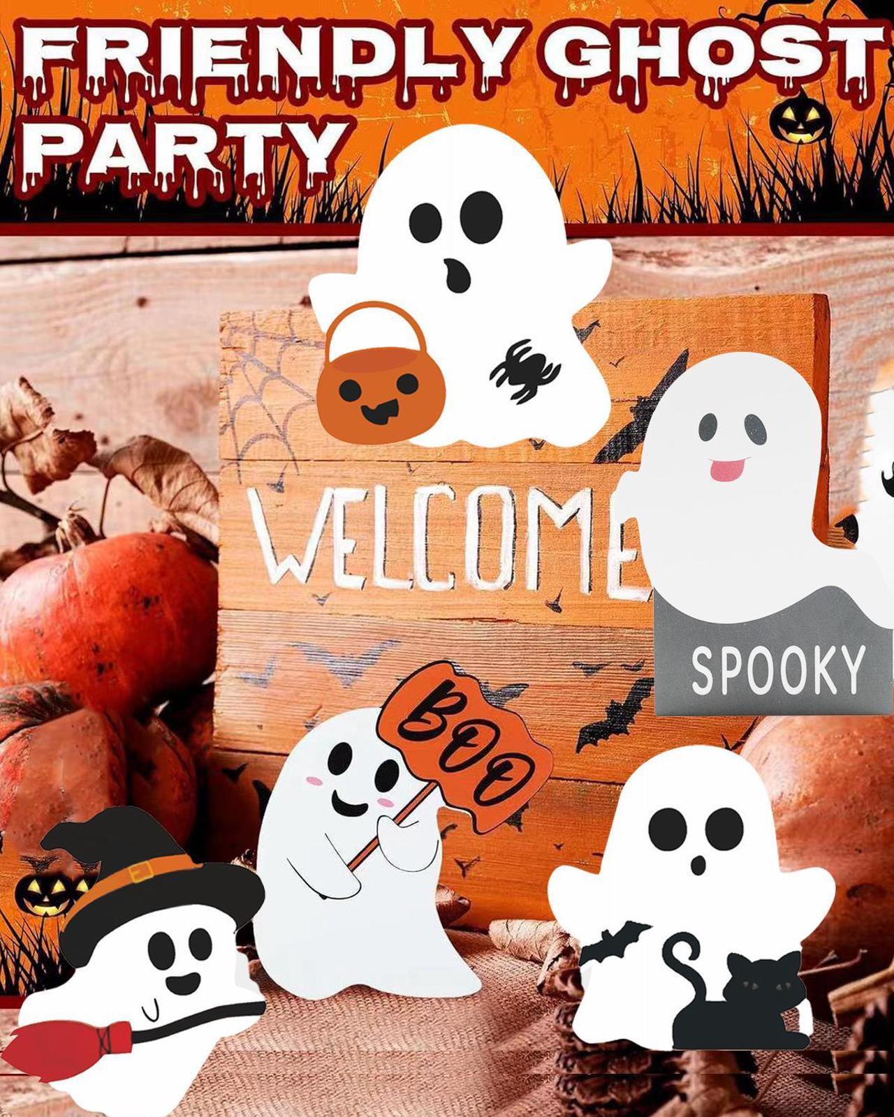 Alt view image 6 of 7 - Halloween Decorations Indoor 5 PCS Cute Ghost Decorations Indoor Tray Decor Table Sign Set Cat Bat Witch Broom Signs Pumpkin Blocks for Party Home Shelf Display