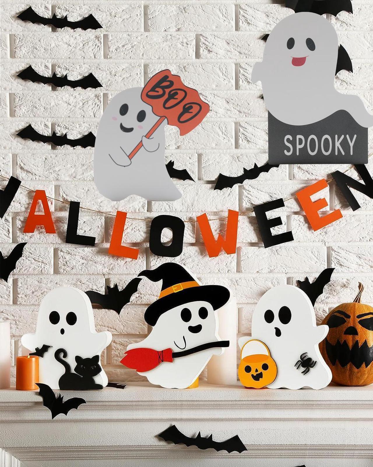 Alt view image 7 of 7 - Halloween Decorations Indoor 5 PCS Cute Ghost Decorations Indoor Tray Decor Table Sign Set Cat Bat Witch Broom Signs Pumpkin Blocks for Party Home Shelf Display