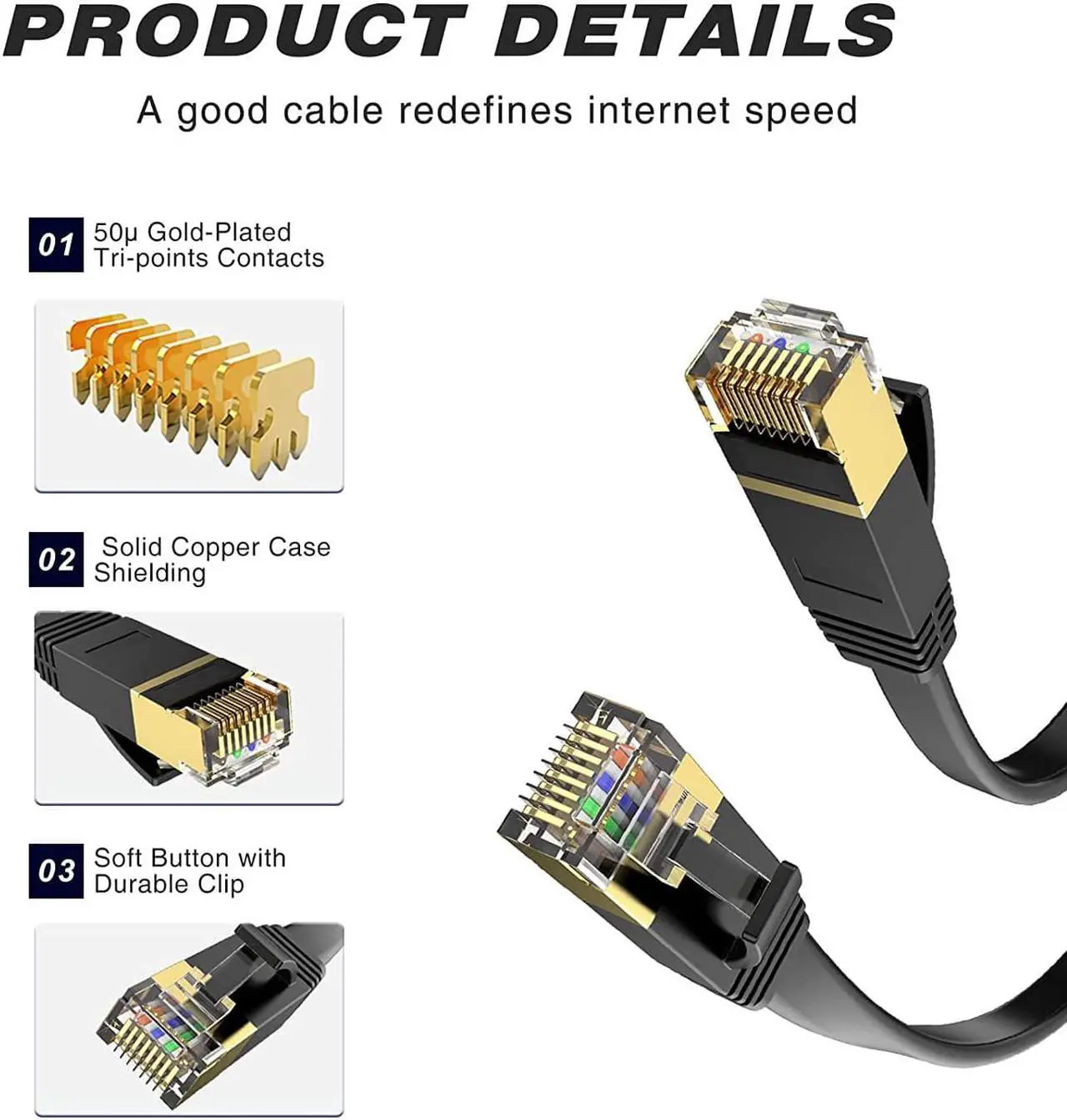 Alt view image 2 of 7 - Cat 6 Ethernet Cable 50 ft High Speed RJ45 Internet Cable for Outdoor & Indoor Support CAT6 Network Solid Slim Flat Black Computer LAN for PC