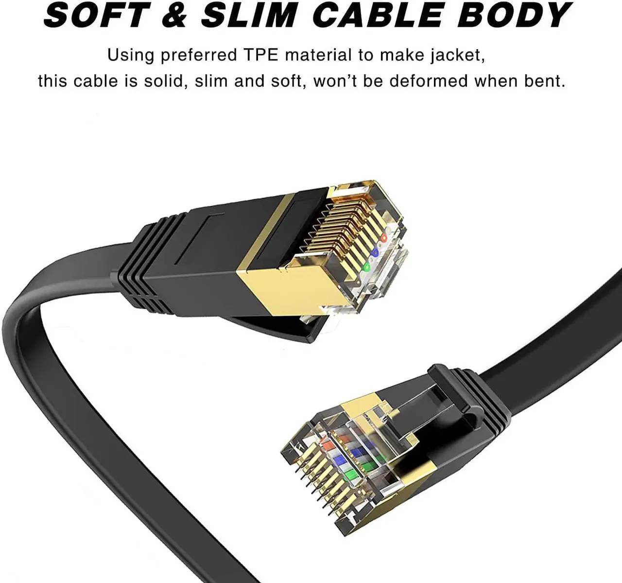 Alt view image 3 of 7 - Cat 6 Ethernet Cable 50 ft High Speed RJ45 Internet Cable for Outdoor & Indoor Support CAT6 Network Solid Slim Flat Black Computer LAN for PC