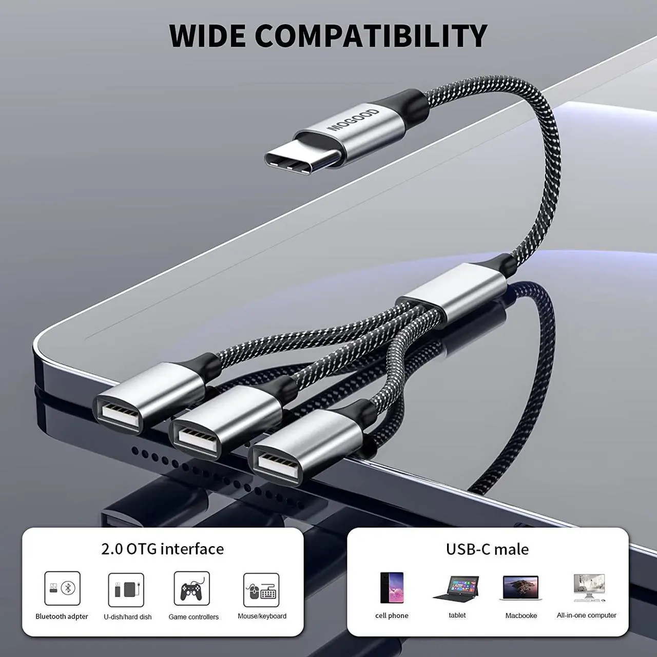 Main image of USB C Splitter USB C to 3 USB Adapter USB Splitter for Laptop,Thunderbolt3 to 3 USB2.0 Port Splitter Dongle Cord Converter Connector Multi Hub for MacBook,iPad Pro Air,Microsoft Surface Go,PC,Laptop