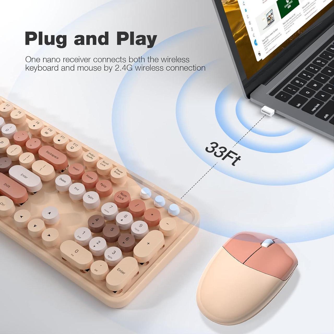 Alt view image 2 of 7 - Wireless Keyboard and Mouse Combo, Milk Tea 104 Keys Full-Sized 2.4 GHz Round Keycap Colorful Keyboards, USB Receiver Plug and Play, for Windows, Mac, PC, Laptop, Desktop