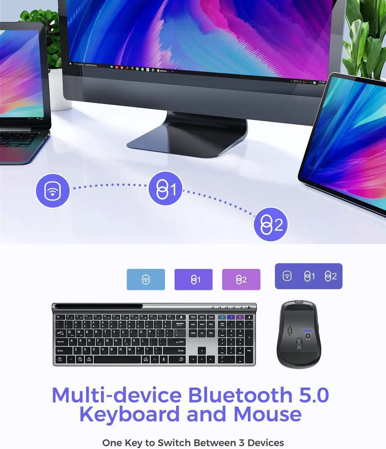 Alt view image 2 of 7 - Wireless Keyboard and Mouse Combo, Artciety Rechargeable Dual-Mode (Bluetooth 5.0x2 + 2.4G) Full Size Keyboard and Mouse Set, Silent Ultra-Slim Compact Design for Mac iPad iPhone Android Windows-Black
