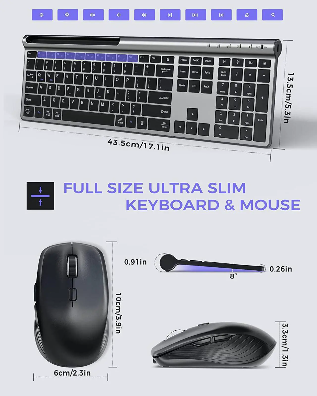 Alt view image 6 of 7 - Wireless Keyboard and Mouse Combo, Artciety Rechargeable Dual-Mode (Bluetooth 5.0x2 + 2.4G) Full Size Keyboard and Mouse Set, Silent Ultra-Slim Compact Design for Mac iPad iPhone Android Windows-Black