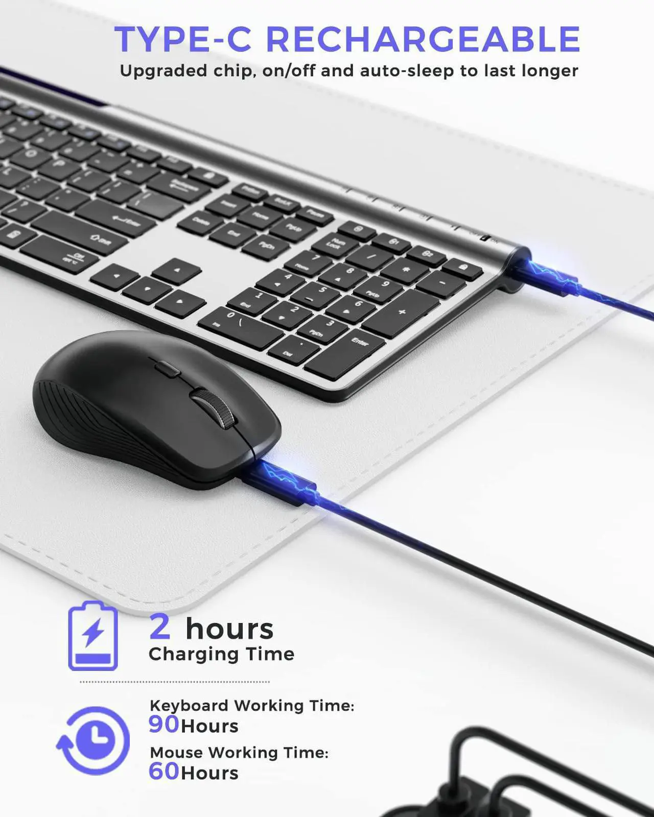 Alt view image 3 of 7 - Wireless Keyboard and Mouse Combo, Artciety Rechargeable Dual-Mode (Bluetooth 5.0x2 + 2.4G) Full Size Keyboard and Mouse Set, Silent Ultra-Slim Compact Design for Mac iPad iPhone Android Windows-Black
