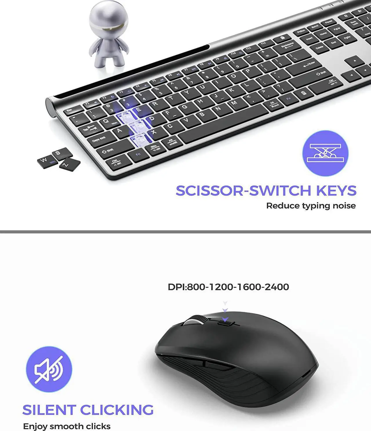 Alt view image 5 of 7 - Wireless Keyboard and Mouse Combo, Artciety Rechargeable Dual-Mode (Bluetooth 5.0x2 + 2.4G) Full Size Keyboard and Mouse Set, Silent Ultra-Slim Compact Design for Mac iPad iPhone Android Windows-Black