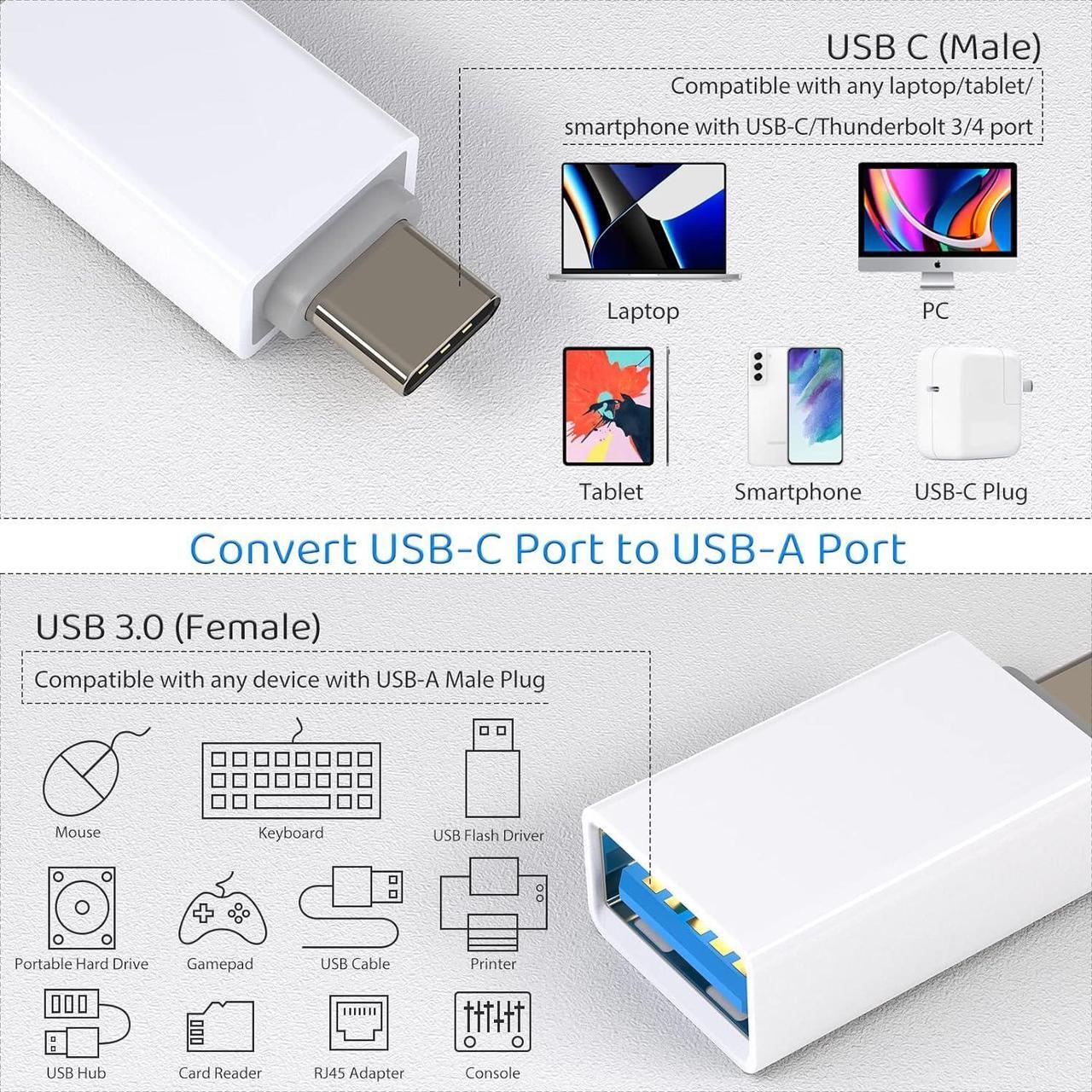 Alt view image 2 of 7 - USB C to USB Adapter Pack-2 USB-C Male to USB 3.0 Female Adapter for iPhone 16/15 MacBook Pro iMac iPad Pro/mini 6 Pixel 6 5 4 xl USB C Wall Plug Charger and Any Type C or Thunderbolt 4/3 Devices