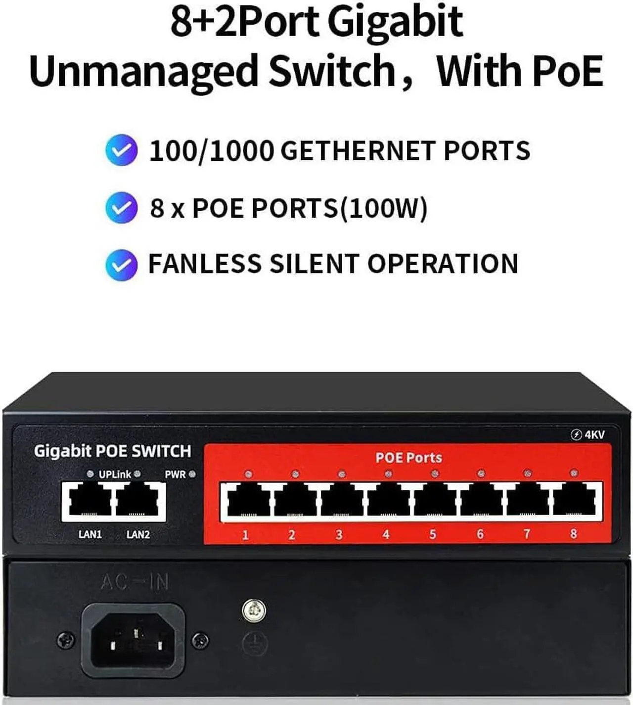Alt view image 7 of 7 - 8 Port Gigabit PoE Switch with 2 Gigabit Uplink,802.3af/at Compliant,120W Built-in Power,Unmanaged Metal Plug and Play