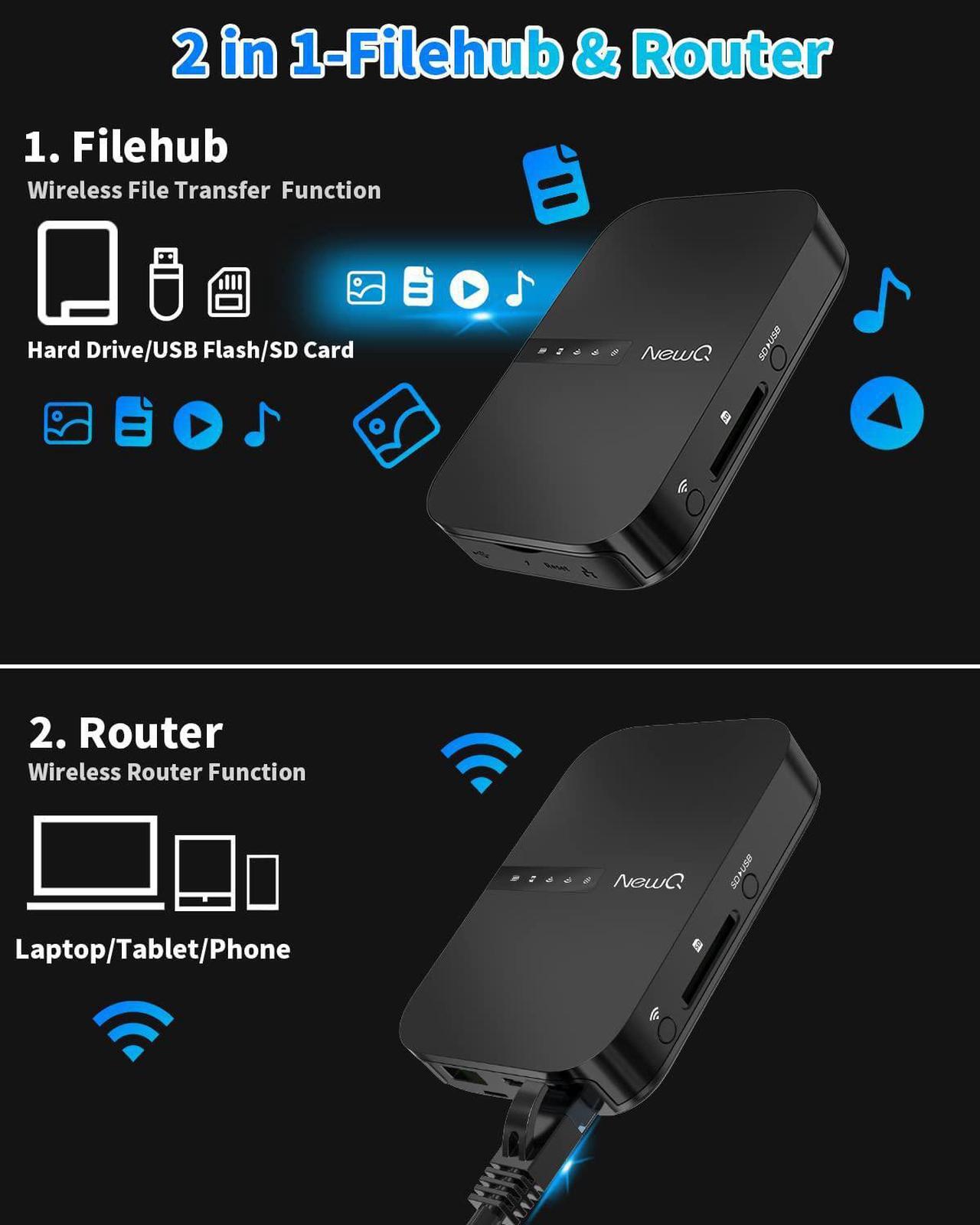 Alt view image 2 of 7 - NewQ Filehub AC750 Travel Router: Portable Hard Drive SD Card Reader & Mini WiFi Range Extender for Travel | Wireless Access External Harddrive & USB Storage Device to Backup Photo & Files from iPhone