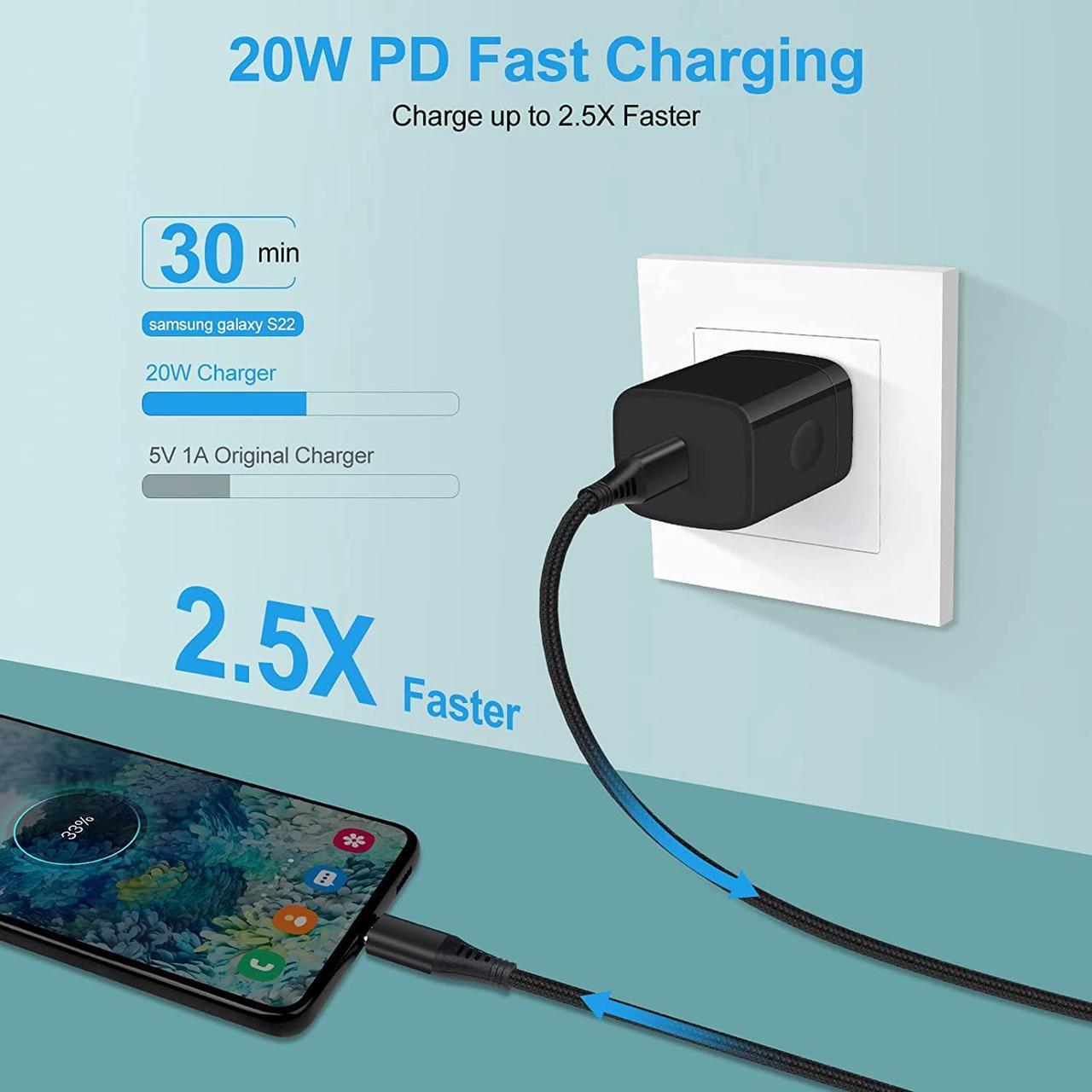 Alt view image 2 of 7 - Type C Charger Fast Charging Block for Samsung Galaxy S25, A15 5G,A16,A55,A35,A14,A13,A25,S24 S23 FE,A03s,A53,Z Fold6,20W PD 3.0 USB C Wall Charger 38W Car Adapter+2 PCS Android 6ft USB C-to-C Cable