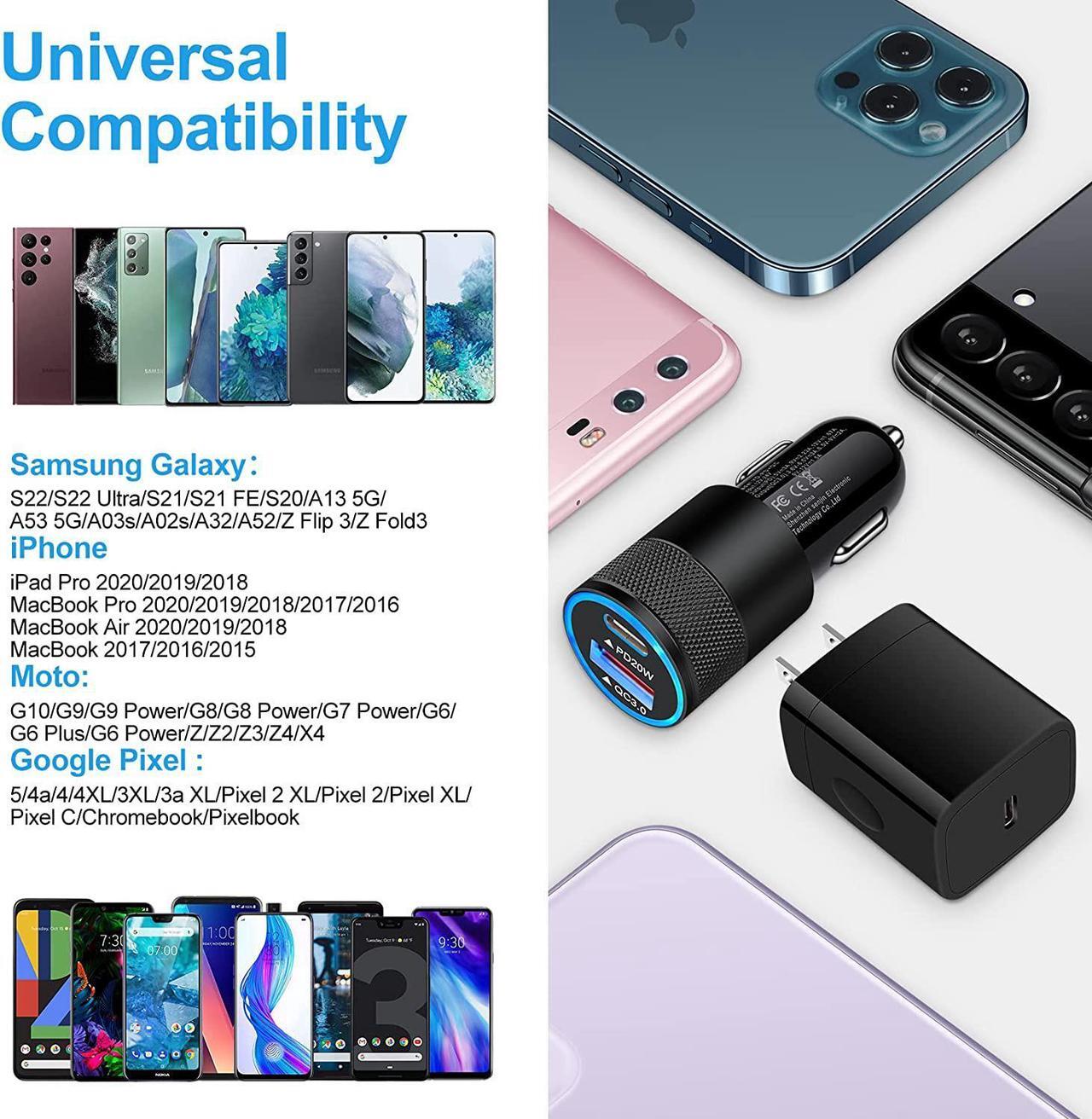 Alt view image 6 of 7 - Type C Charger Fast Charging Block for Samsung Galaxy S25, A15 5G,A16,A55,A35,A14,A13,A25,S24 S23 FE,A03s,A53,Z Fold6,20W PD 3.0 USB C Wall Charger 38W Car Adapter+2 PCS Android 6ft USB C-to-C Cable