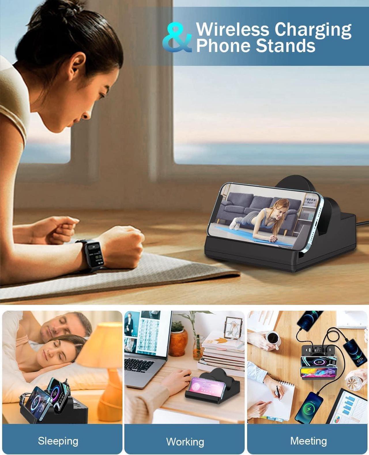 Alt view image 5 of 6 - Wireless Charging Station with 6 USB Ports, 8 in 1 15W Dual Wireless Charger Station, 2 QC/2 PD USB Fast Charging Station, 80W Phone Charger for iPhone14/13/12/11/X//Android/iWatch