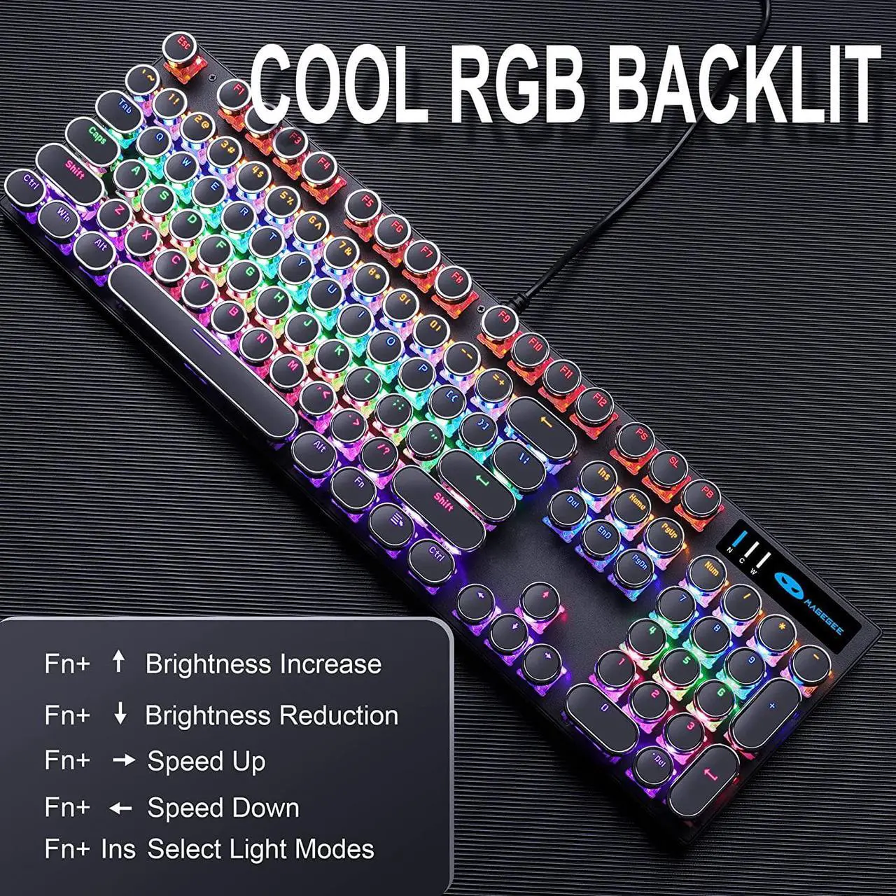 Alt view image 3 of 7 - Camiysn Typewriter Style Mechanical Gaming Keyboard, Black Retro Punk Gaming Keyboard with RGB Backlit, 104 Keys Blue Switch Wired Cute Keyboard, Round Keycaps for Windows/Mac/PC