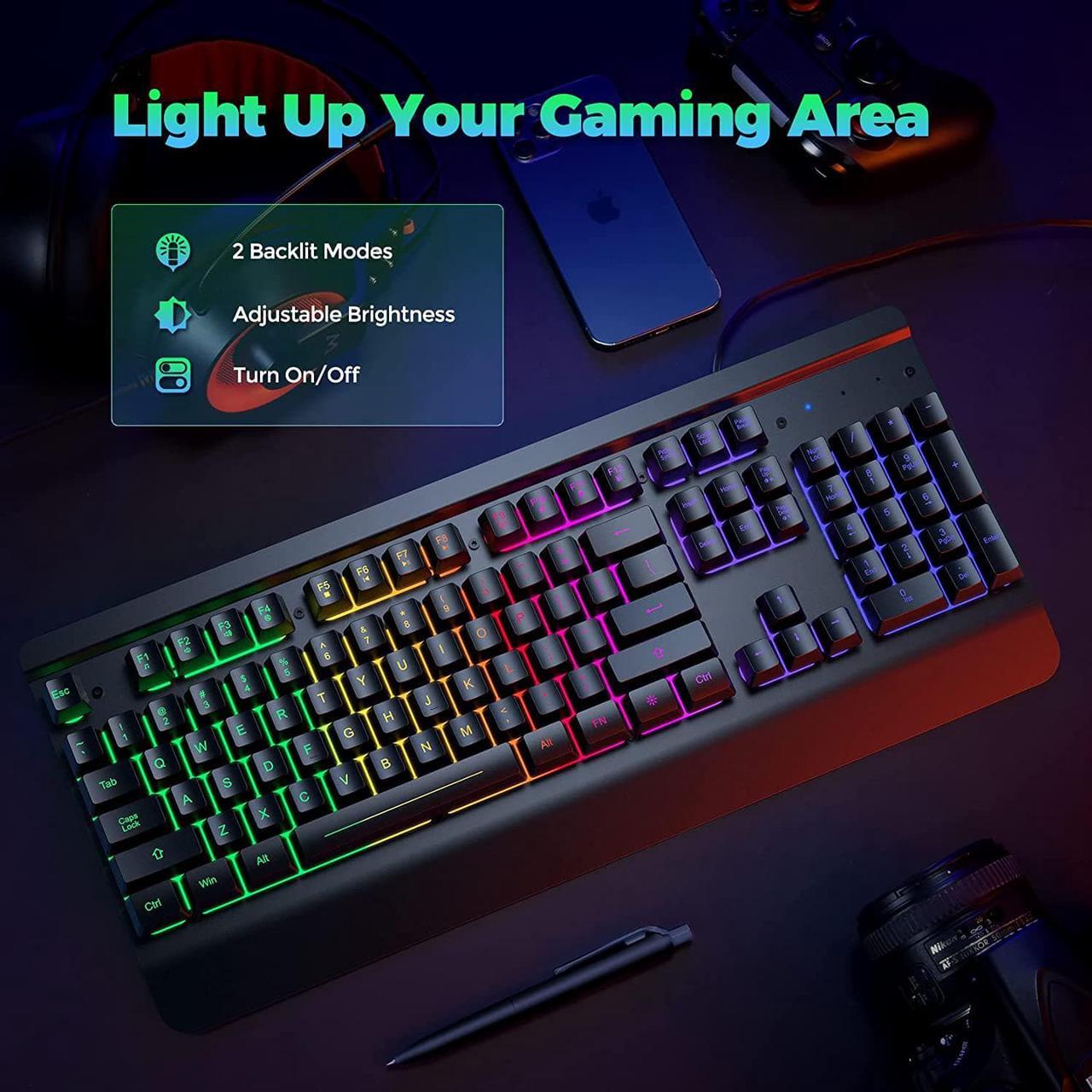 Alt view image 2 of 7 - Dacoity Gaming Keyboard, 104 Keys All-Metal Panel, Rainbow LED Backlit Quiet Computer Keyboard, Wrist Rest, Multimedia Keys, Anti-ghosting Keys, Waterproof Light Up USB Wired Keyboard for PC Mac Xbox