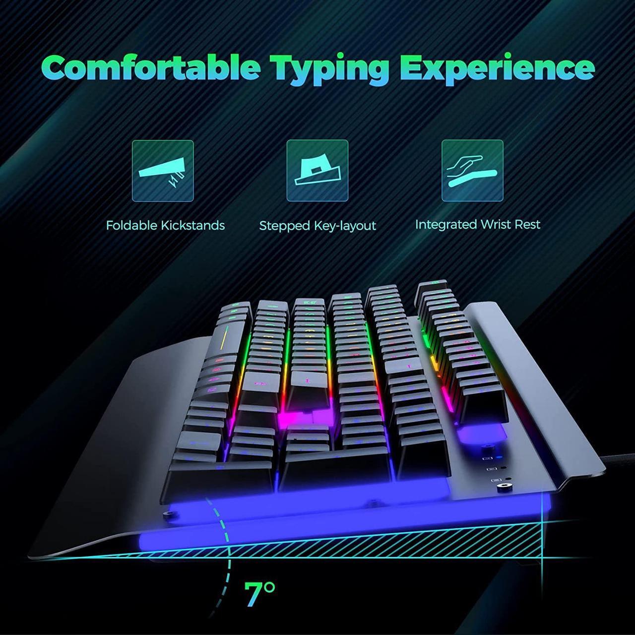 Alt view image 3 of 7 - Dacoity Gaming Keyboard, 104 Keys All-Metal Panel, Rainbow LED Backlit Quiet Computer Keyboard, Wrist Rest, Multimedia Keys, Anti-ghosting Keys, Waterproof Light Up USB Wired Keyboard for PC Mac Xbox