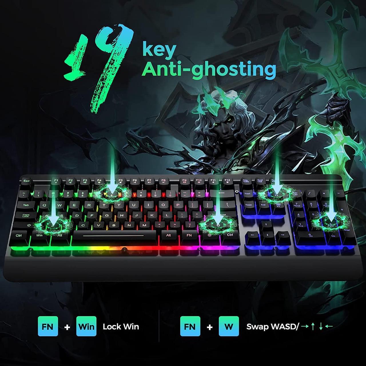 Alt view image 4 of 7 - Dacoity Gaming Keyboard, 104 Keys All-Metal Panel, Rainbow LED Backlit Quiet Computer Keyboard, Wrist Rest, Multimedia Keys, Anti-ghosting Keys, Waterproof Light Up USB Wired Keyboard for PC Mac Xbox